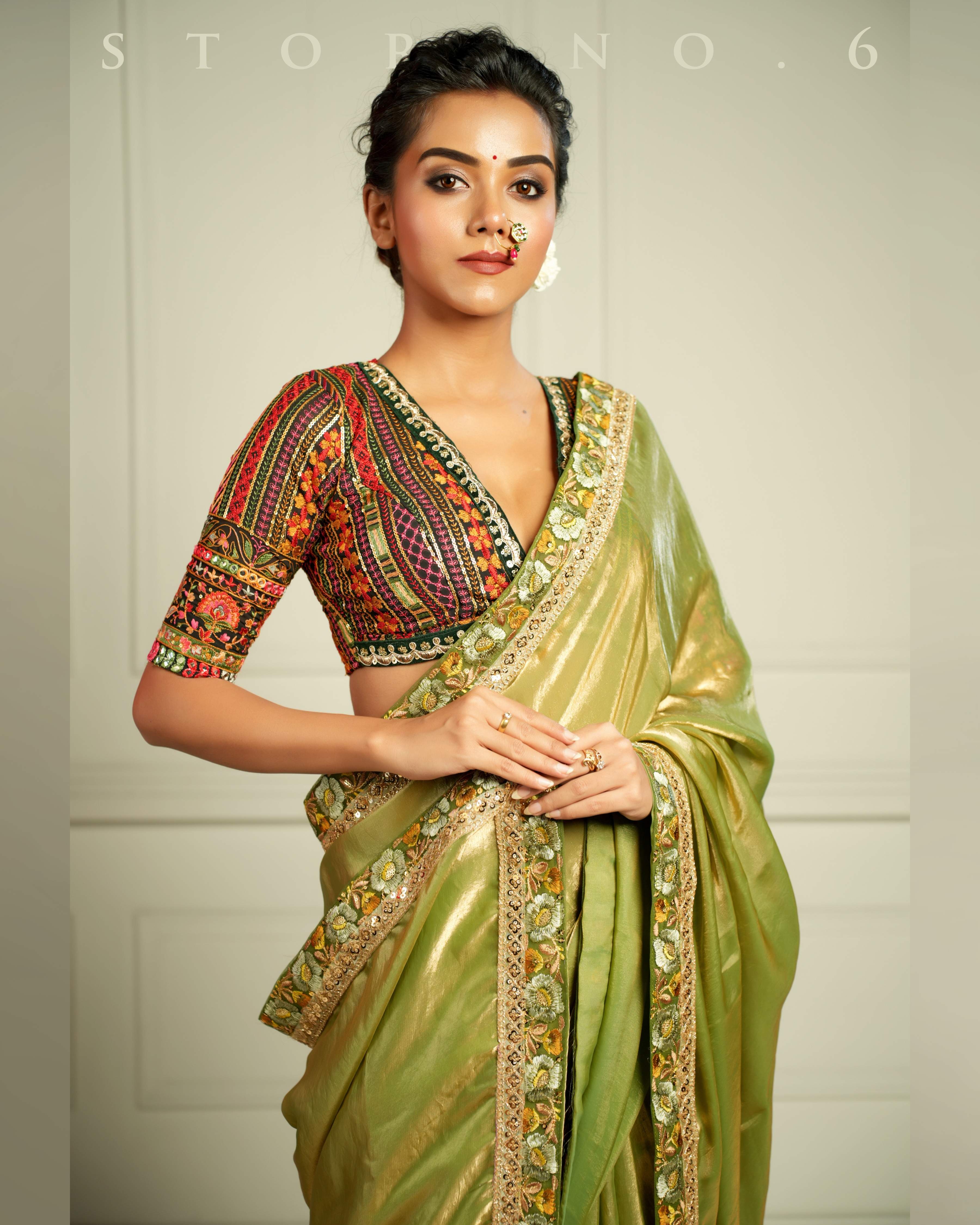 THE IMPERIAL MEADOW WHISPER SAREE WITH DORE KAARI SIAH HEMMED BLOUSE