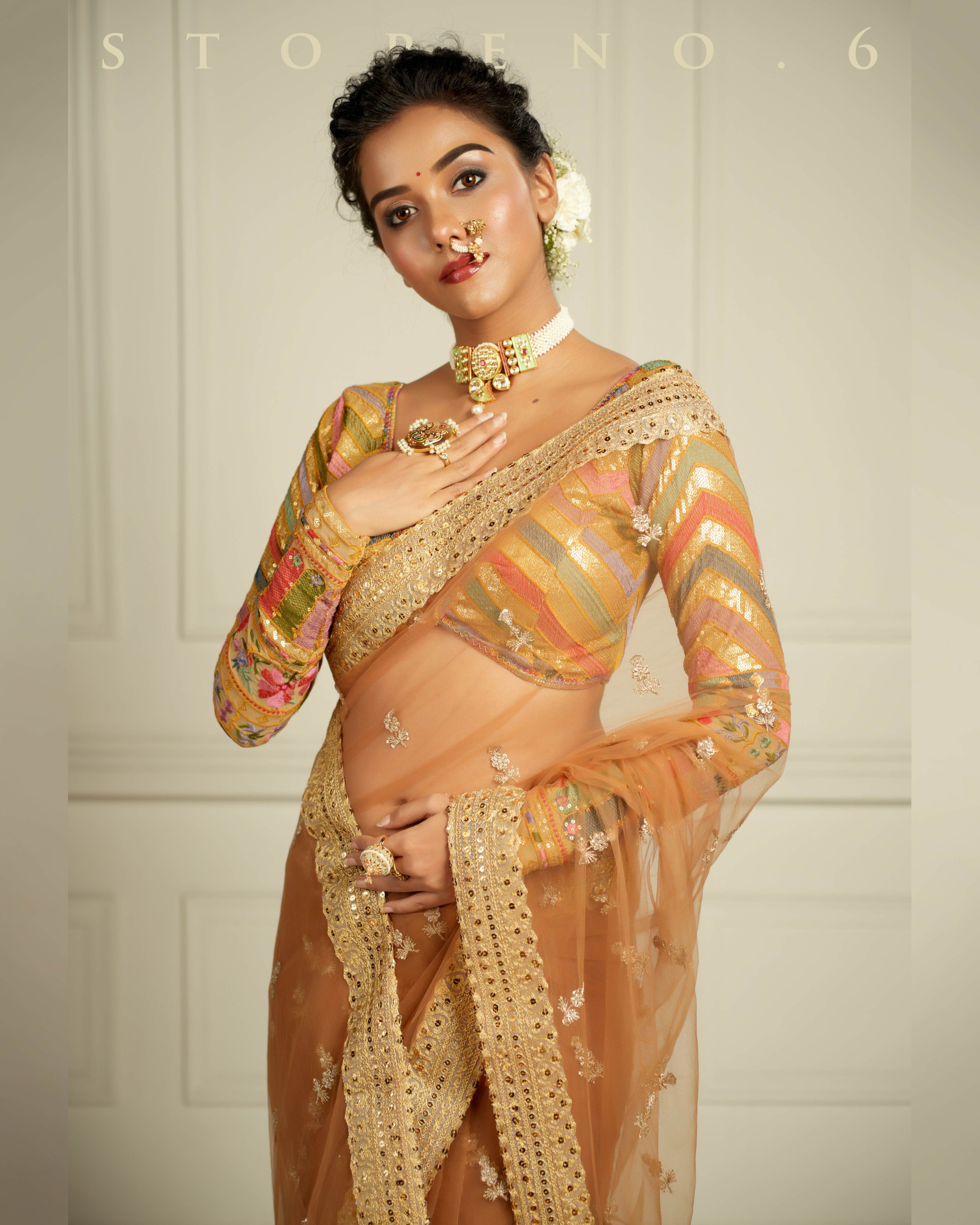 THE QUEEN'S EXOTIC EXPRESSO SAREE WITH BEBAAK SURMAI BLOUSE