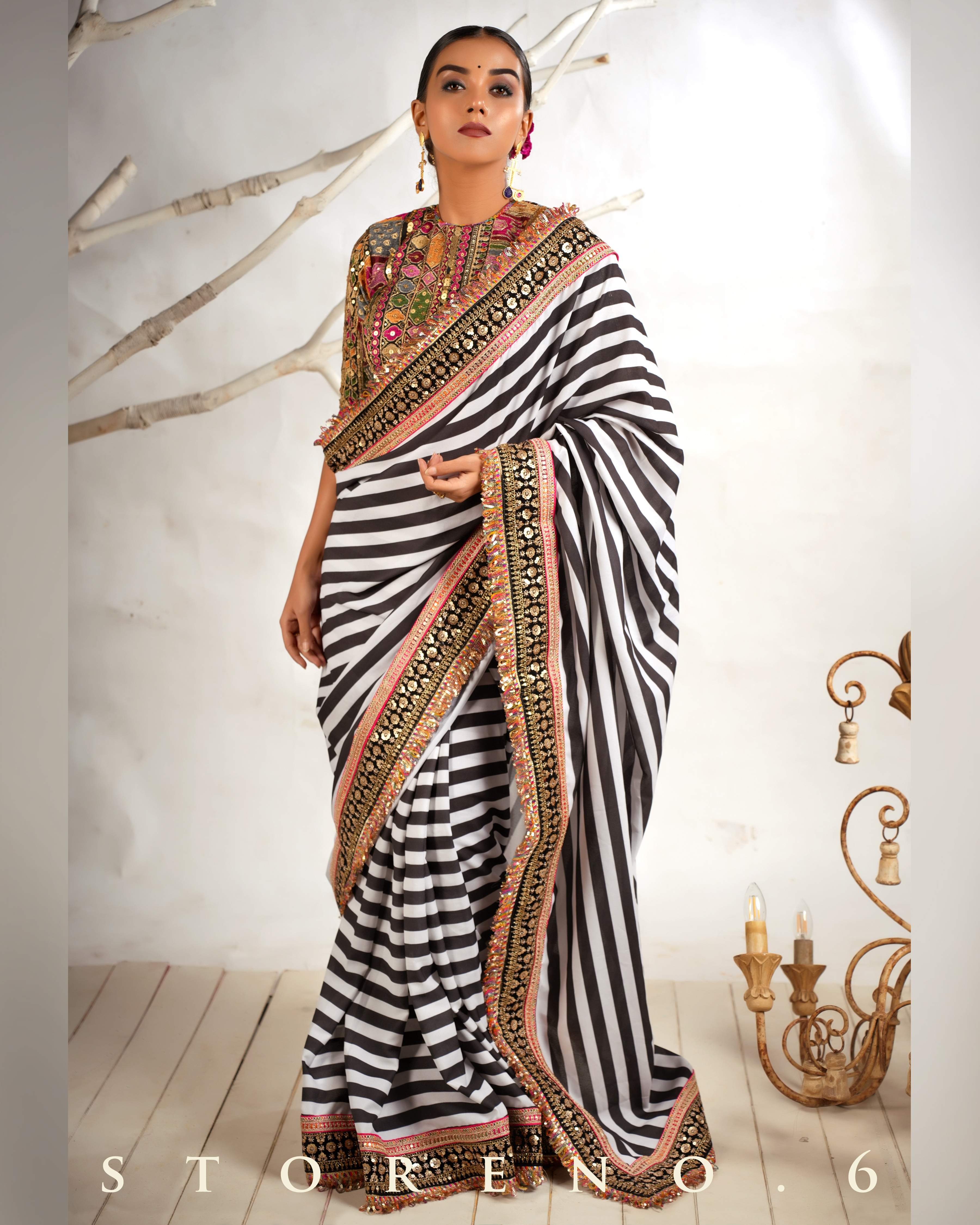 THE DIVINE STRIPE SHOW SAREE WITH GUL KAARI SIAH CLASSIC BLOUSE