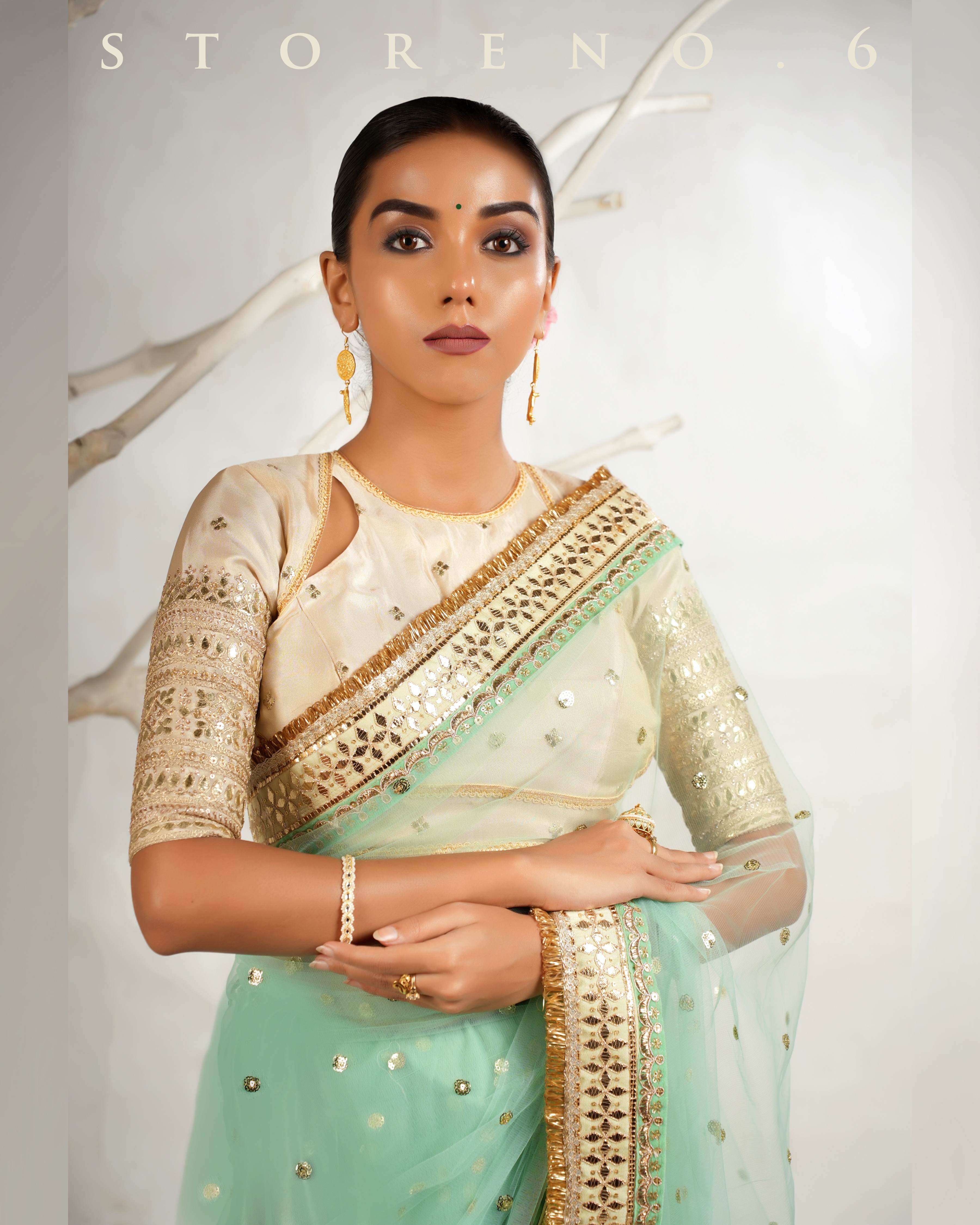 STELLAR SEAFOAM SAREE WITH THE CLASSIC CHAMPAGNE BLOUSE