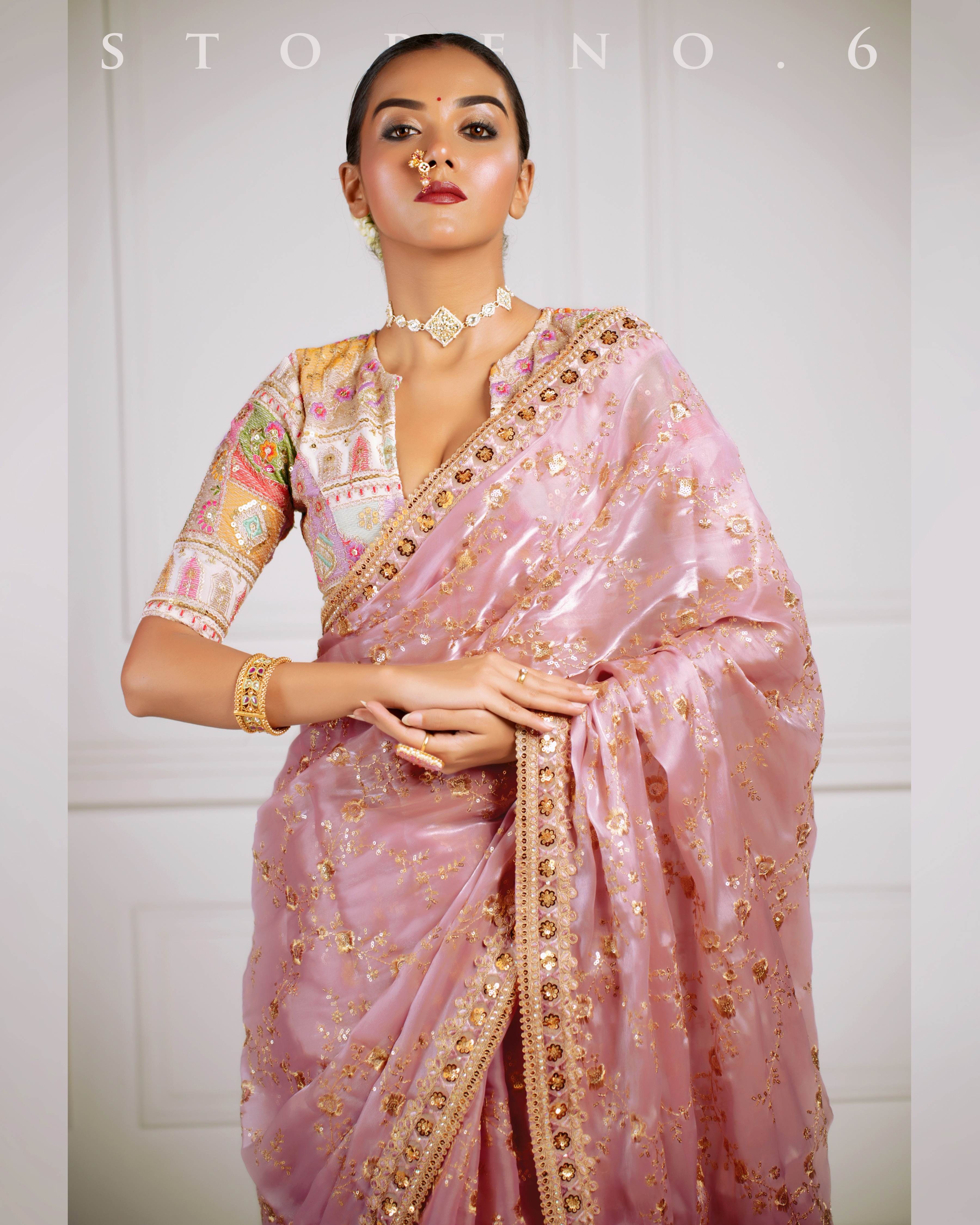 THE FANCY FLAMINGO SAREE WITH THE DAISY DELIGHT BLOUSE