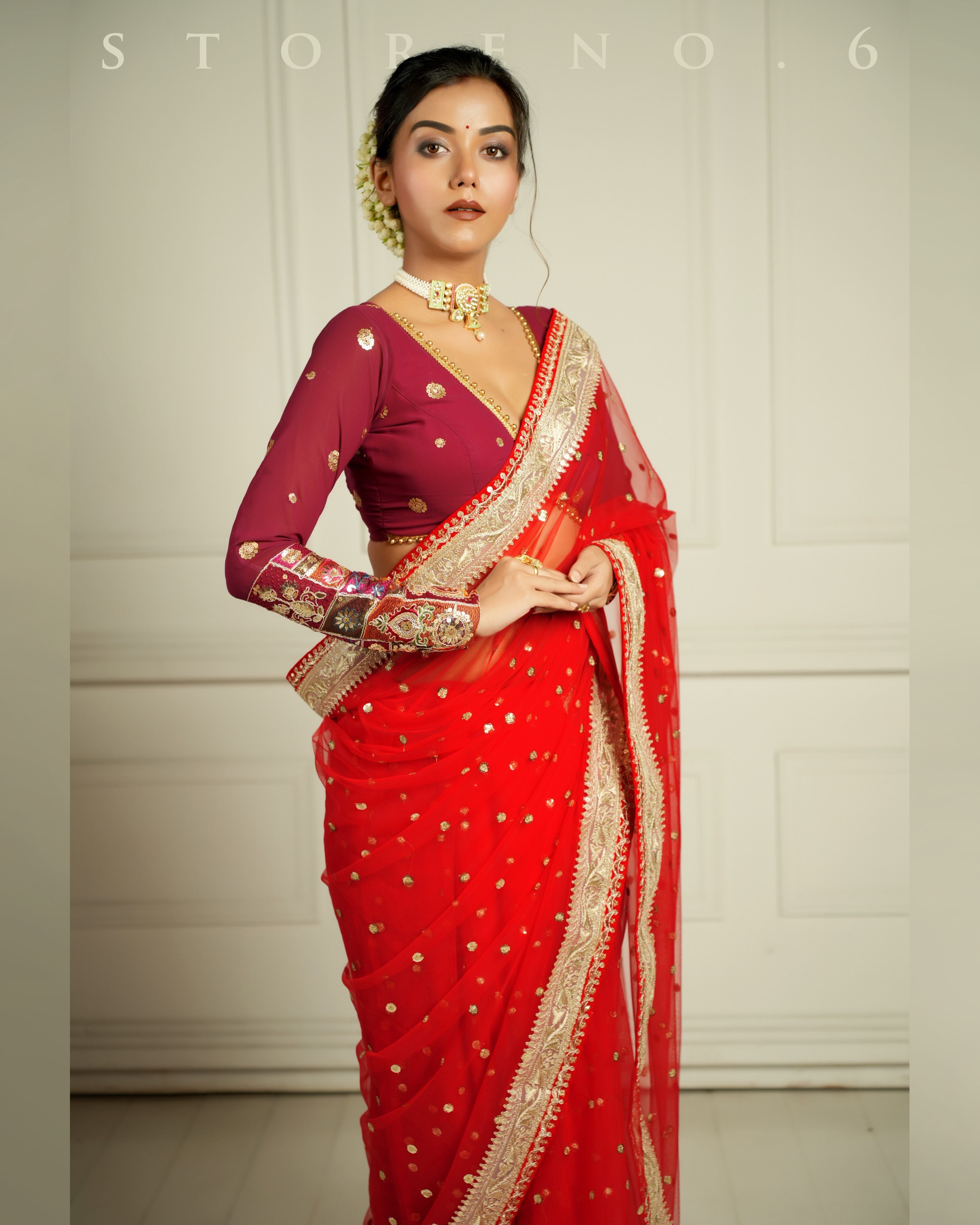 THE QUEEN'S CRIMSON CRUSH SAREE WITH RICH IN MAHOGANY BLOUSE