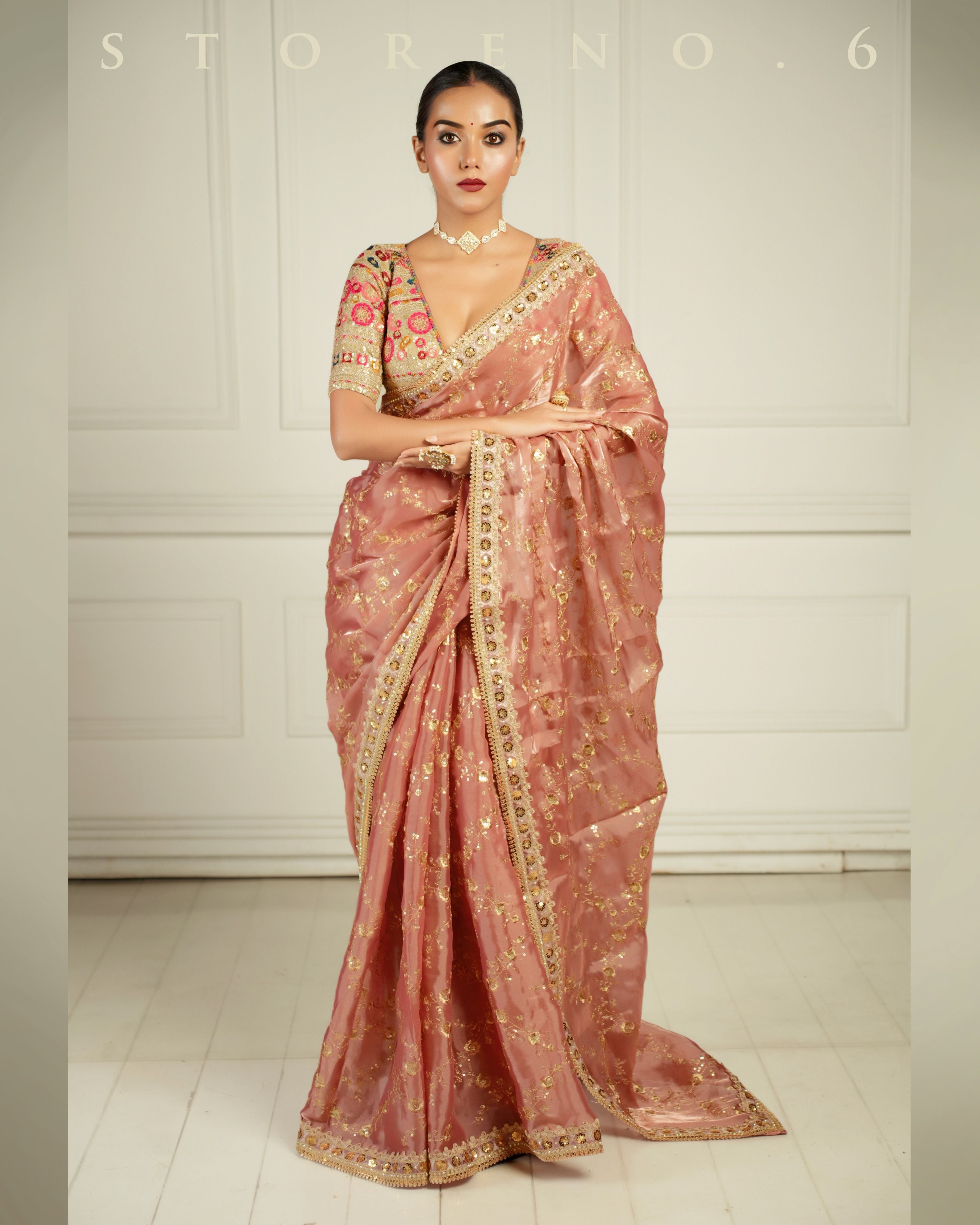 THE CHARM OF THE CORALS SAREE WITH GUL KAARI SURMAI BLOUSE