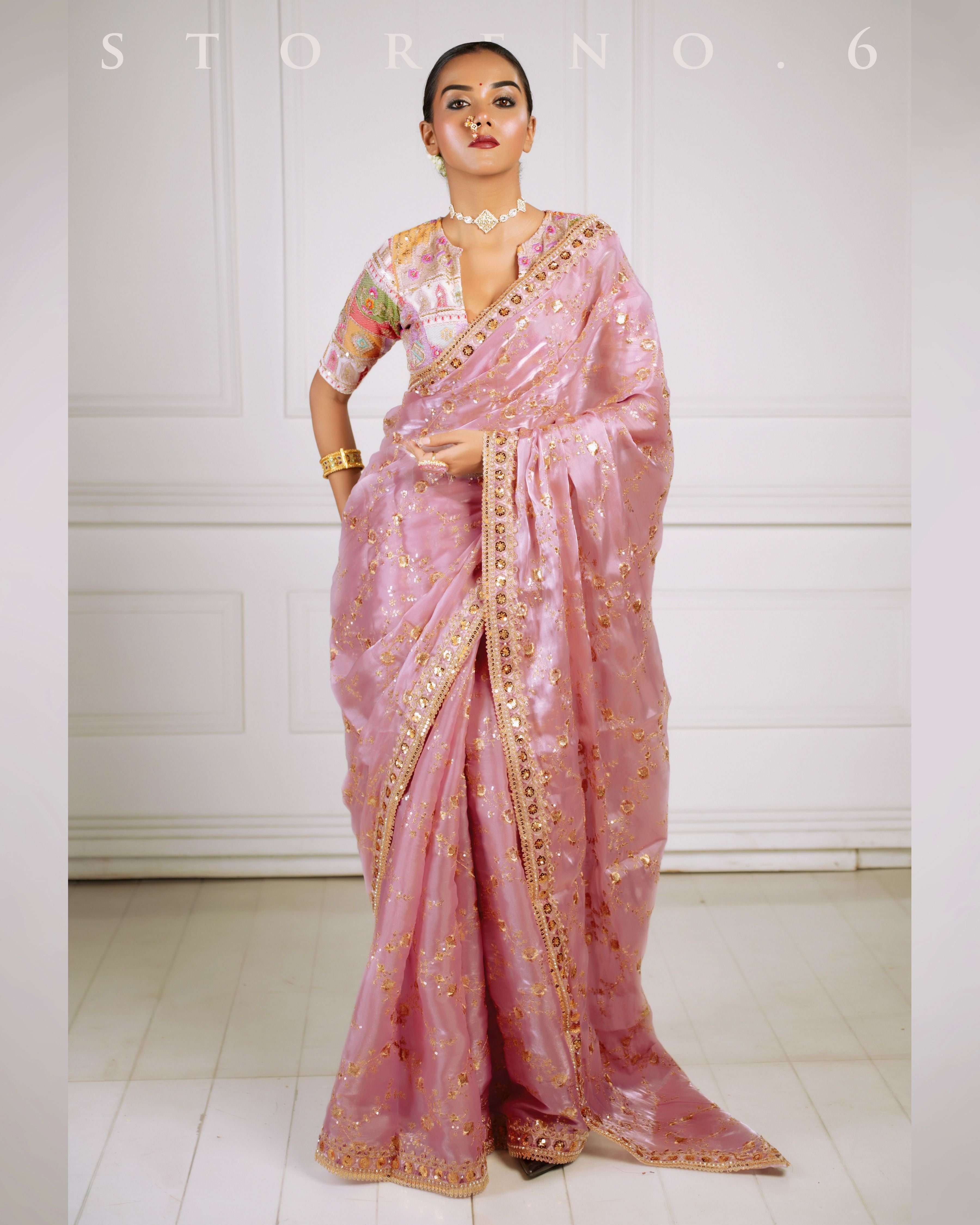 THE FANCY FLAMINGO SAREE WITH THE DAISY DELIGHT BLOUSE