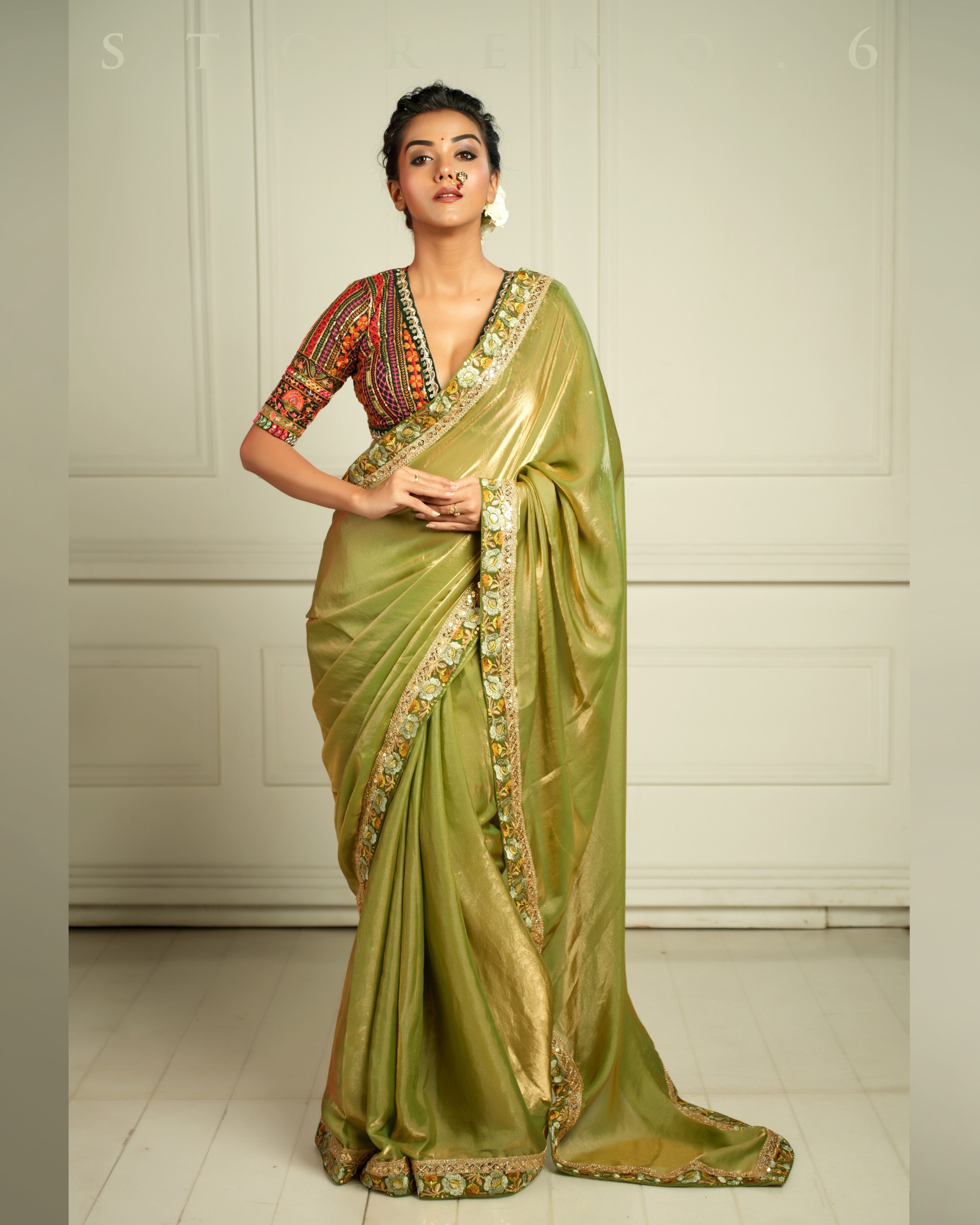 THE IMPERIAL MEADOW WHISPER SAREE WITH DORE KAARI SIAH HEMMED BLOUSE