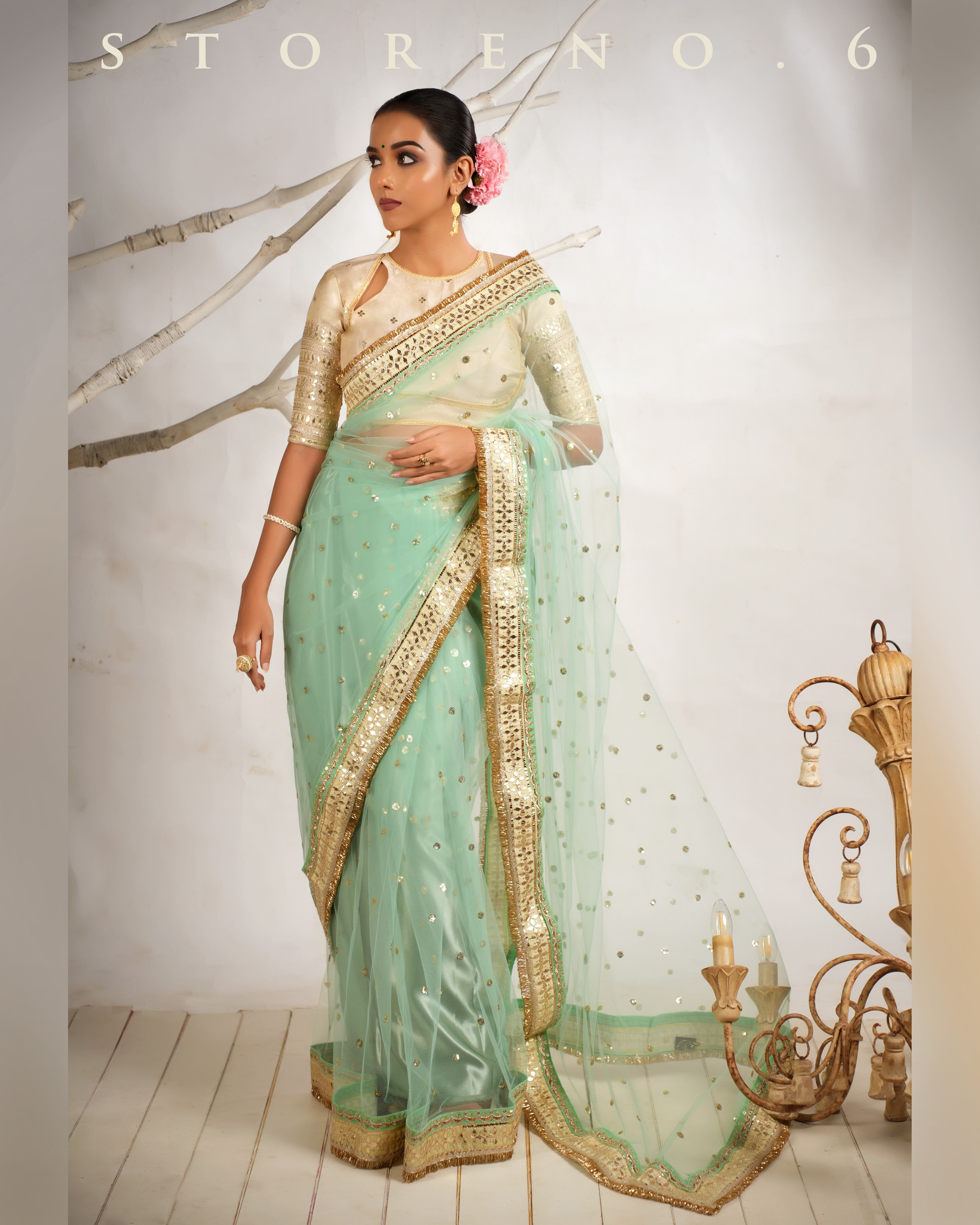 STELLAR SEAFOAM SAREE WITH THE CLASSIC CHAMPAGNE BLOUSE