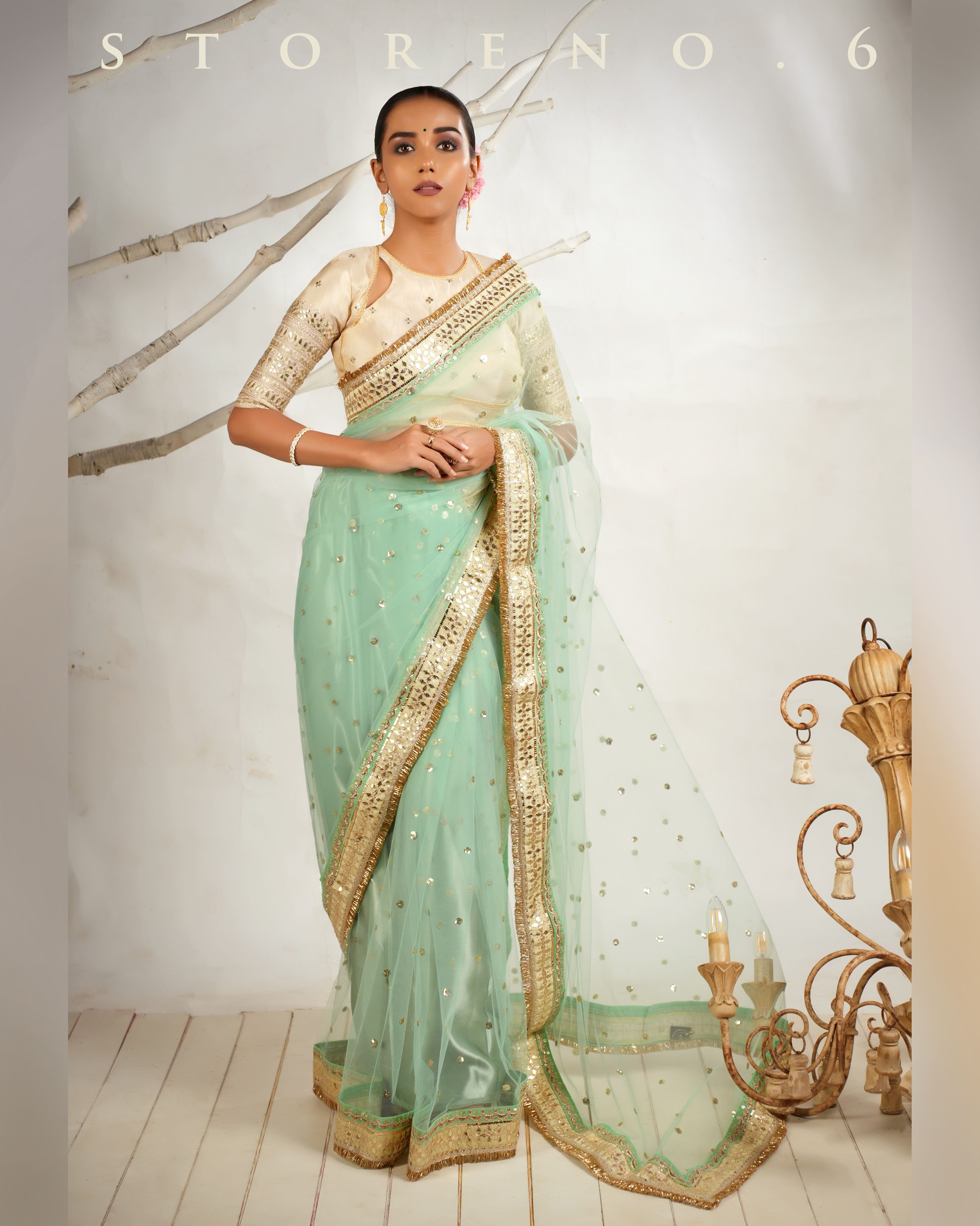 STELLAR SEAFOAM SAREE WITH THE CLASSIC CHAMPAGNE BLOUSE