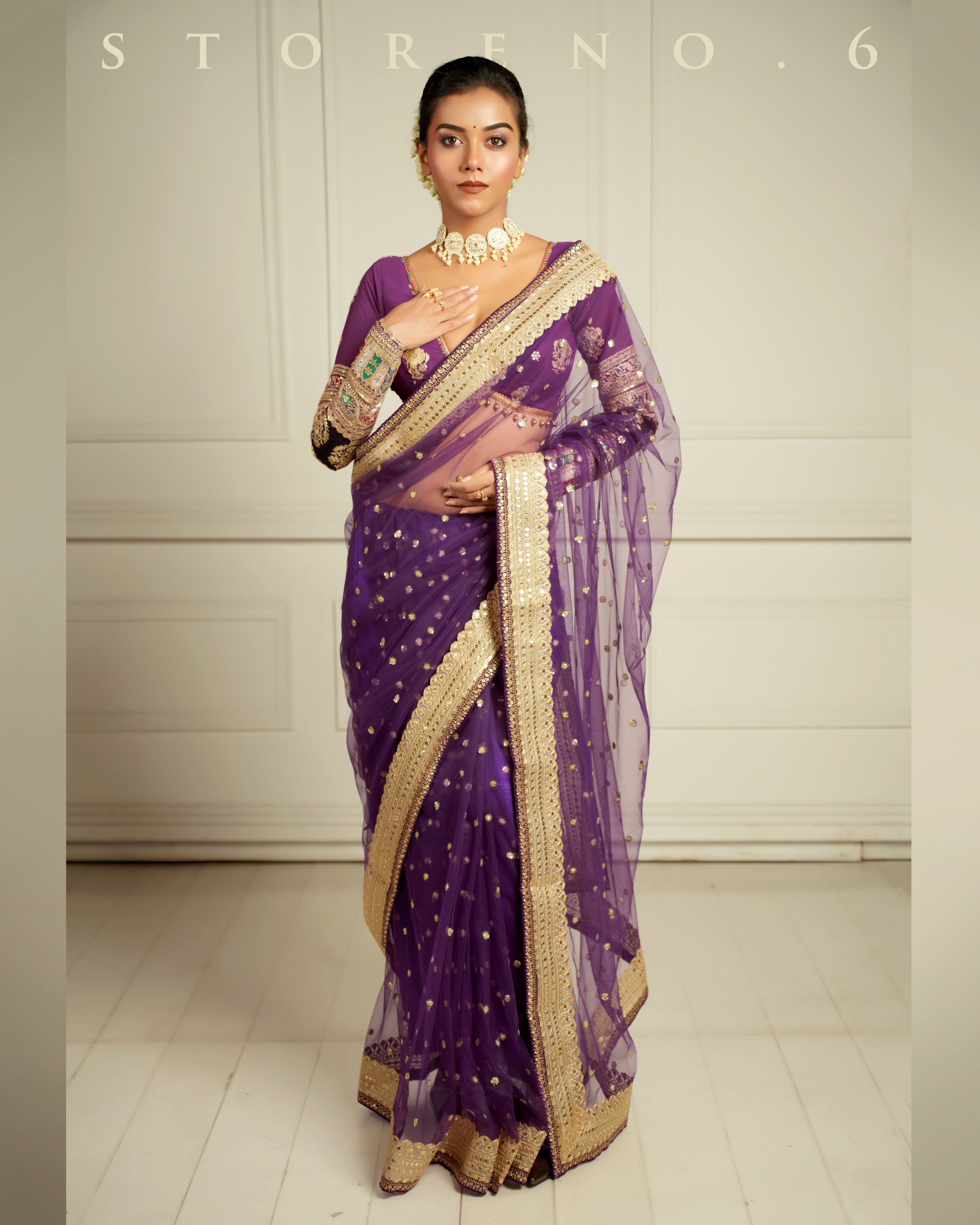 THE QUEEN'S PASSION PLUM SAREE WITH ORNATE ORCHID BLOUSE