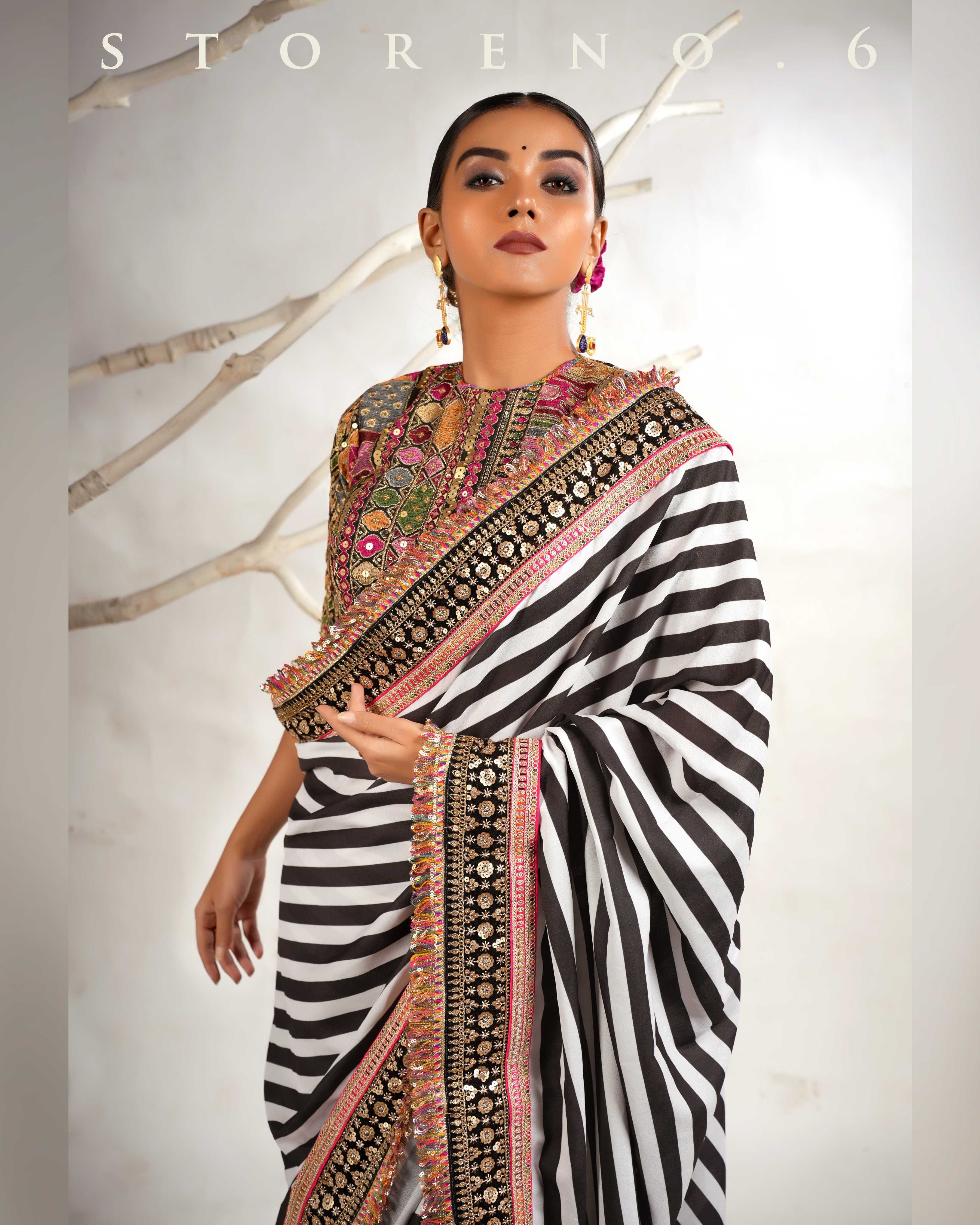 THE DIVINE STRIPE SHOW SAREE WITH GUL KAARI SIAH CLASSIC BLOUSE