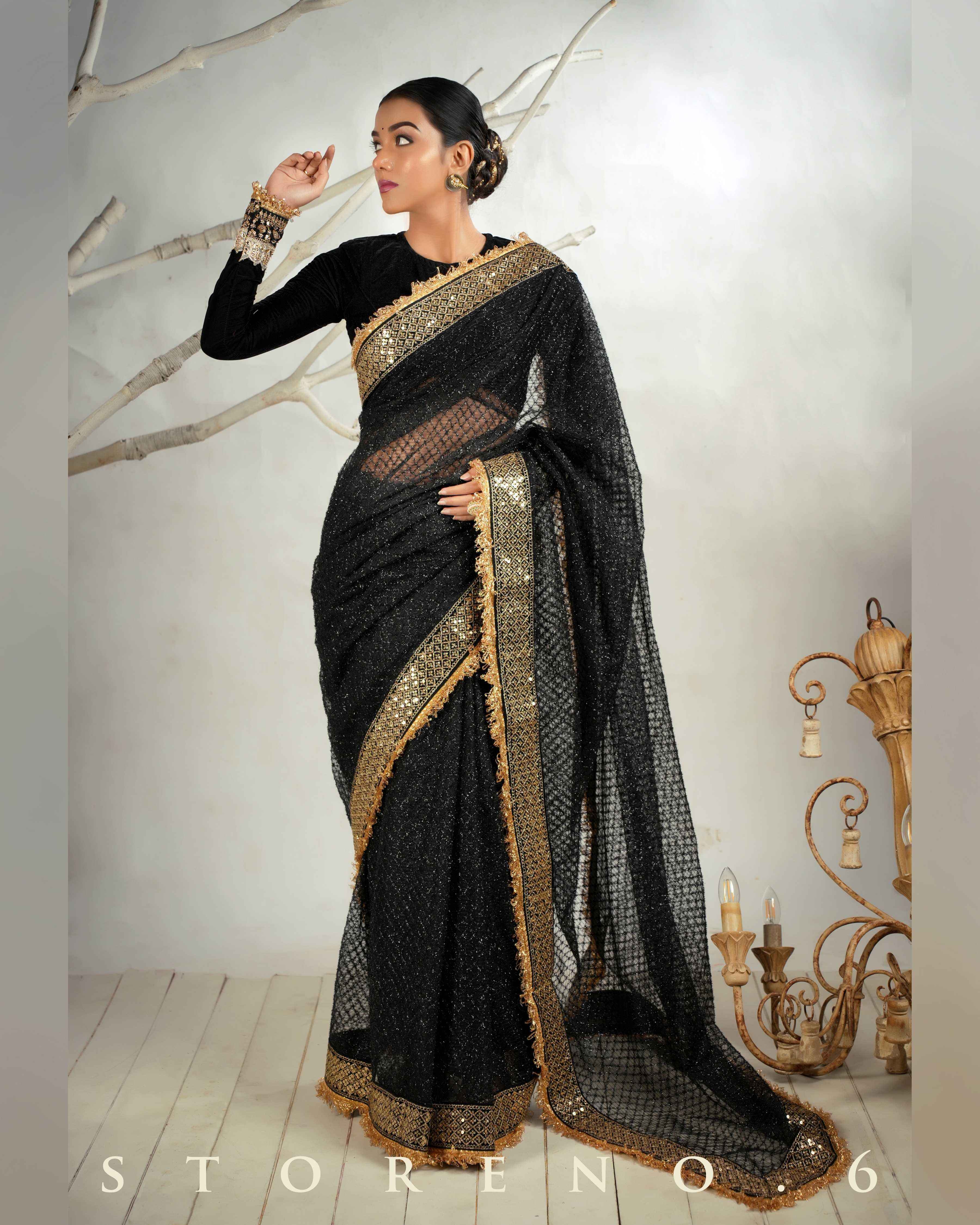 THE DARK FUZZ SAREE WITH THE DUSKY DRAMA BLOUSE