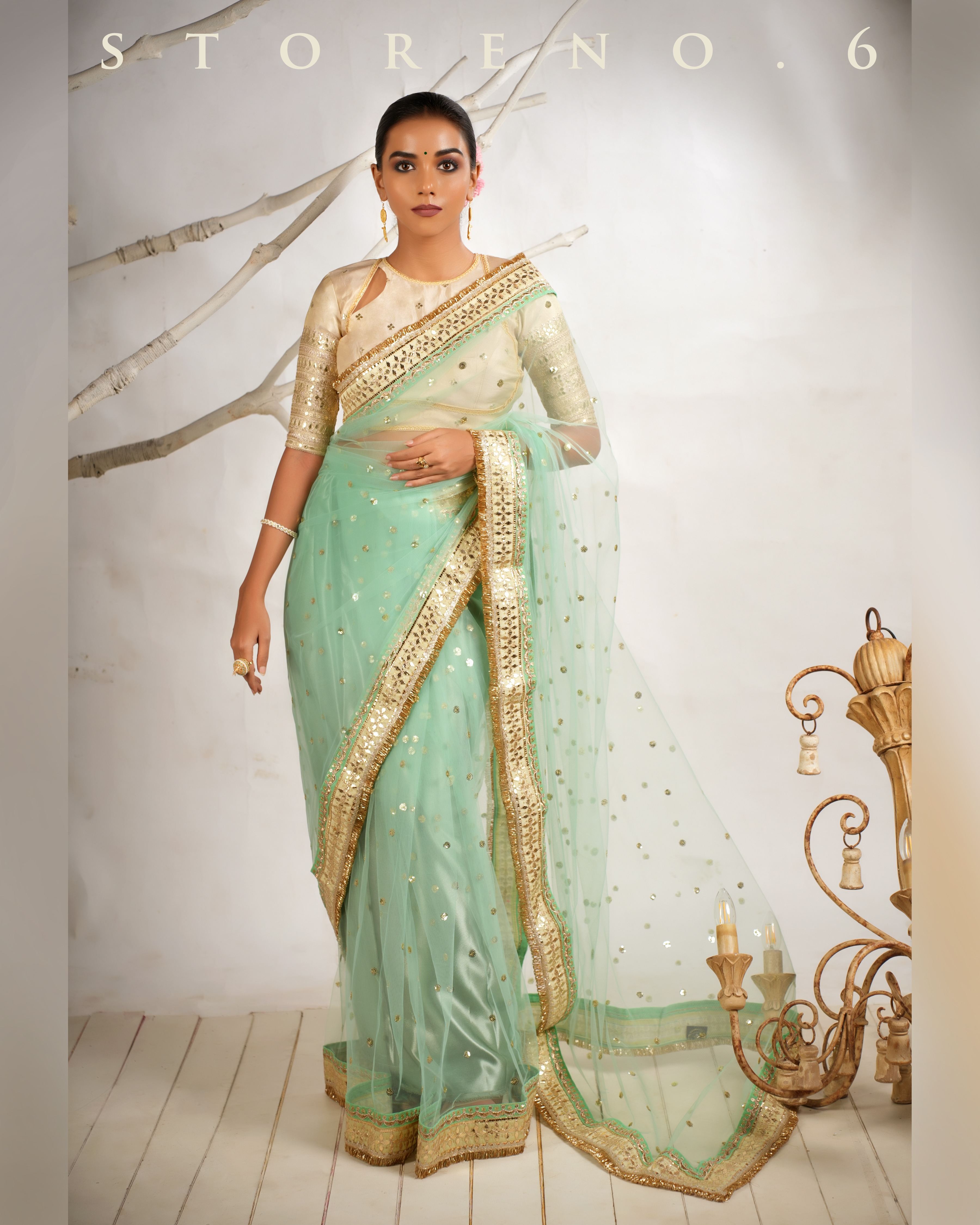 STELLAR SEAFOAM SAREE WITH THE CLASSIC CHAMPAGNE BLOUSE