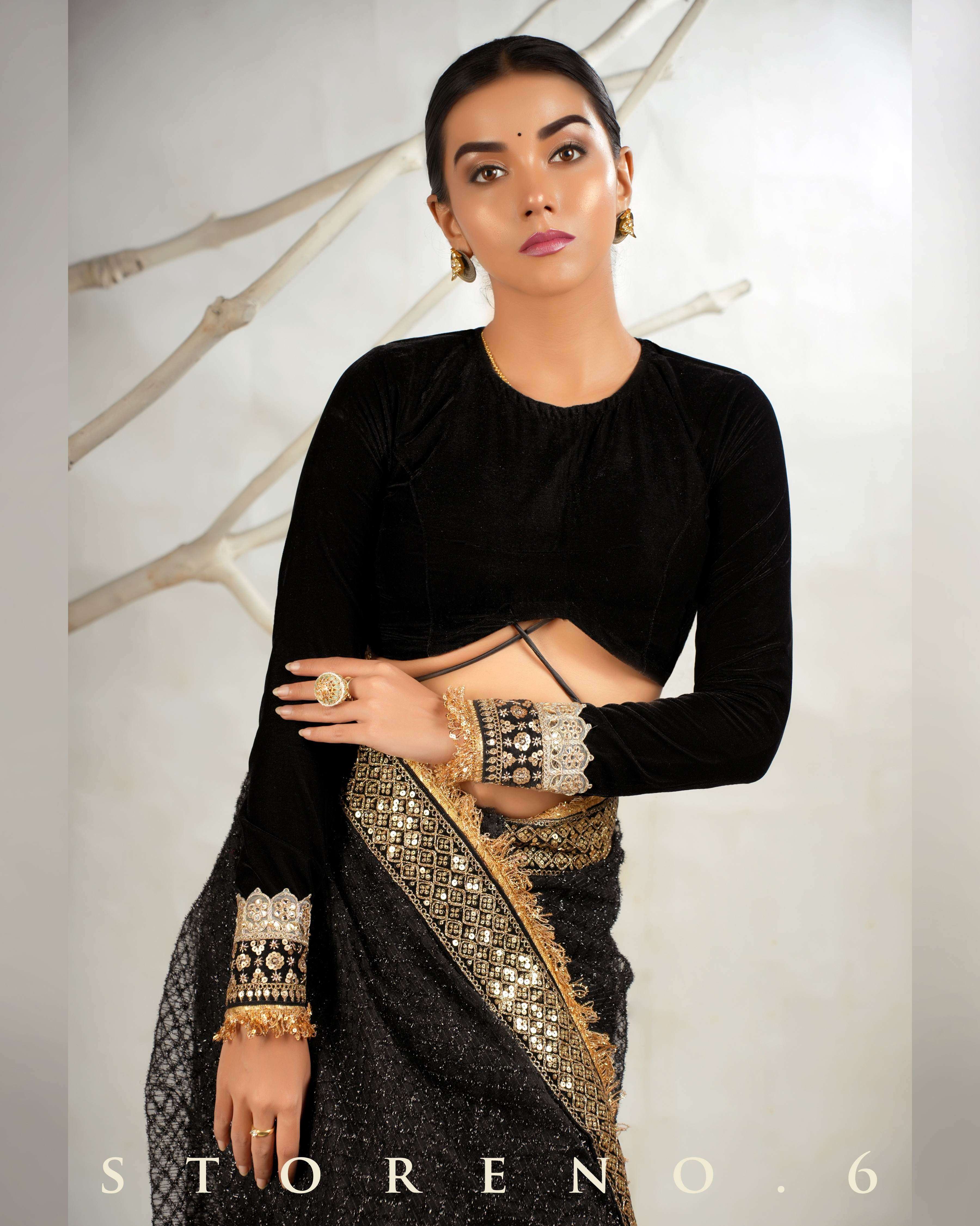 THE DARK FUZZ SAREE WITH THE DUSKY DRAMA BLOUSE