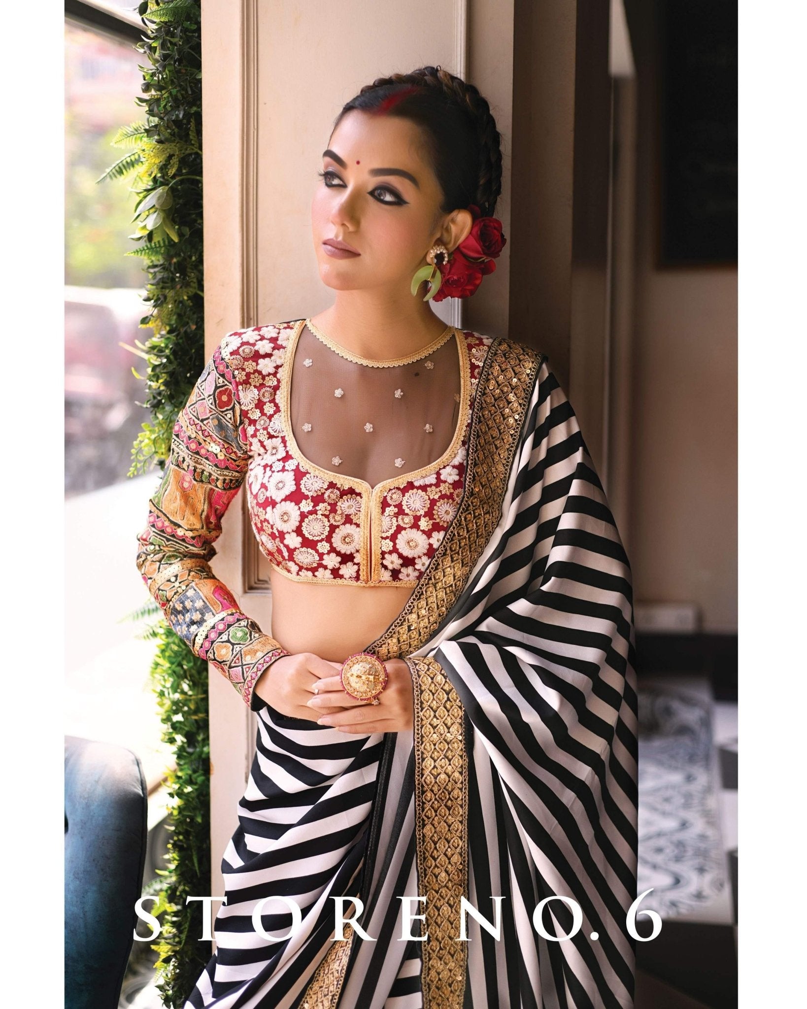 FLOURISHING STRIPE SHOW SAREE WITH NARGIS-E-SURKH MELANGE BLOUSE