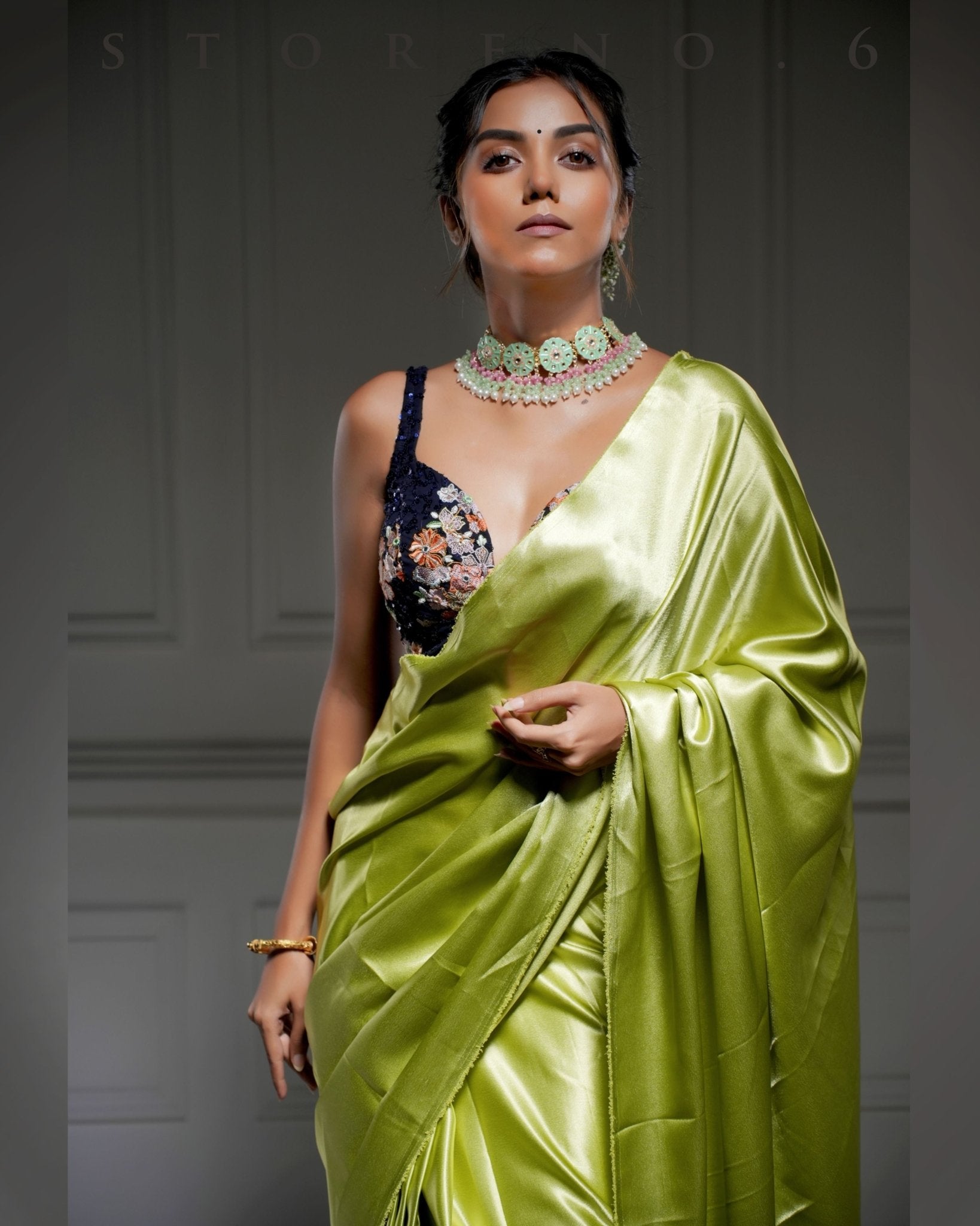 OLIVE OBSESSION SAREE WITH NEELI AFSOON SLEEVELESS PLUNGE BLOUSE