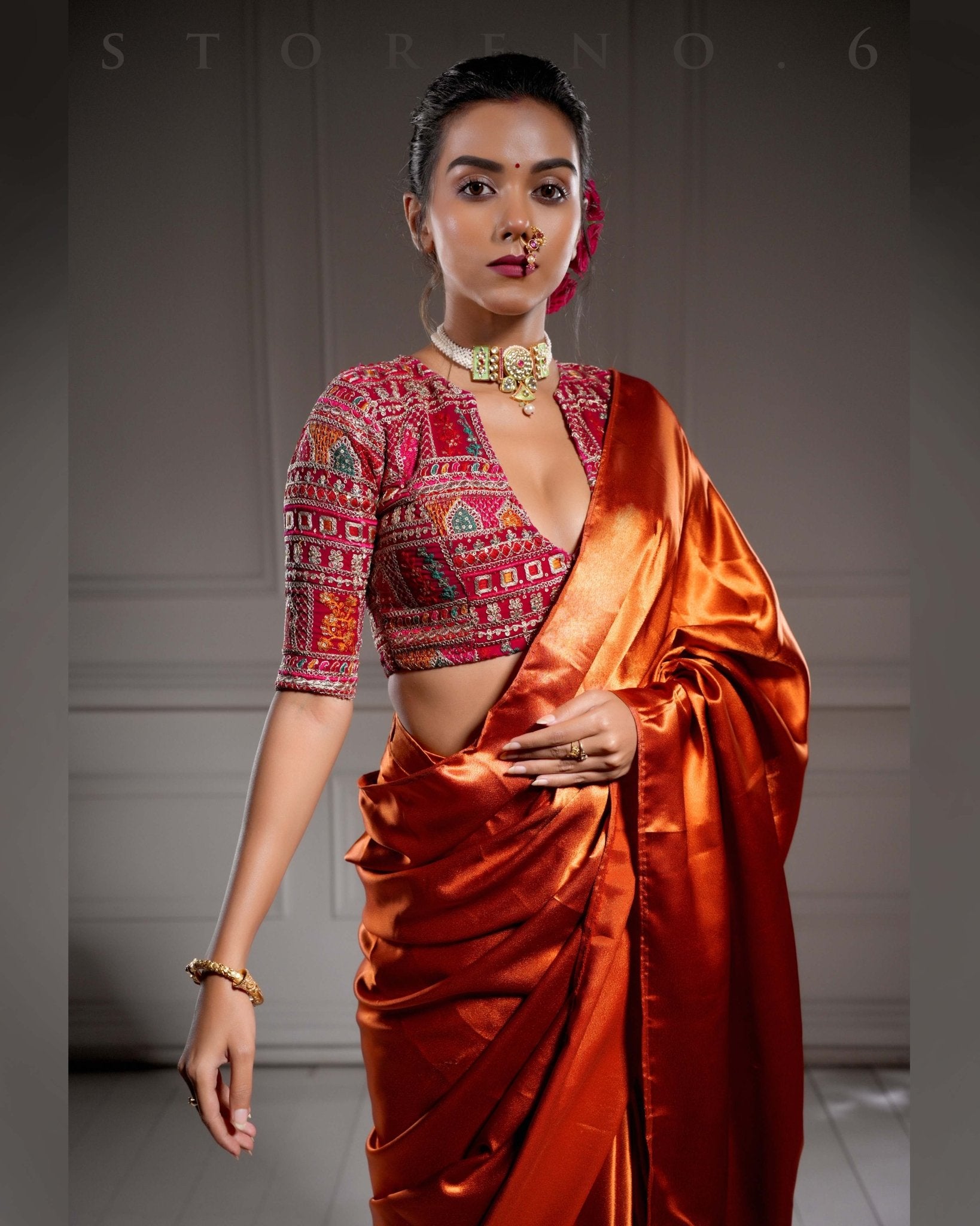 BRONZED COASTLINE SAREE WITH SANGRIA SENSATION BLOUSE