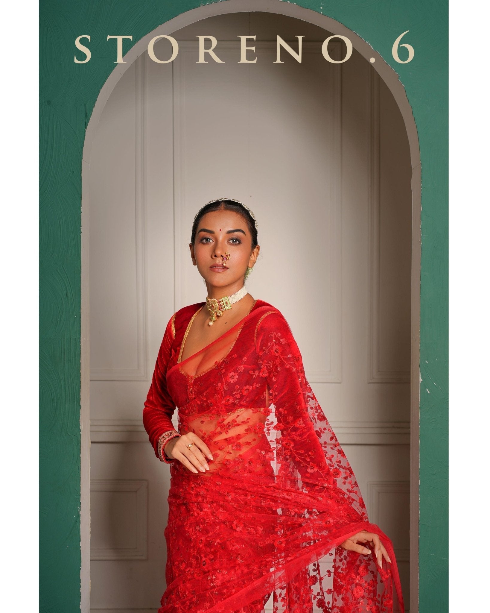 SHINE IN RED SAREE WITH MAKHMAL-E-SURKH FULL SLEEVE BLOUSE