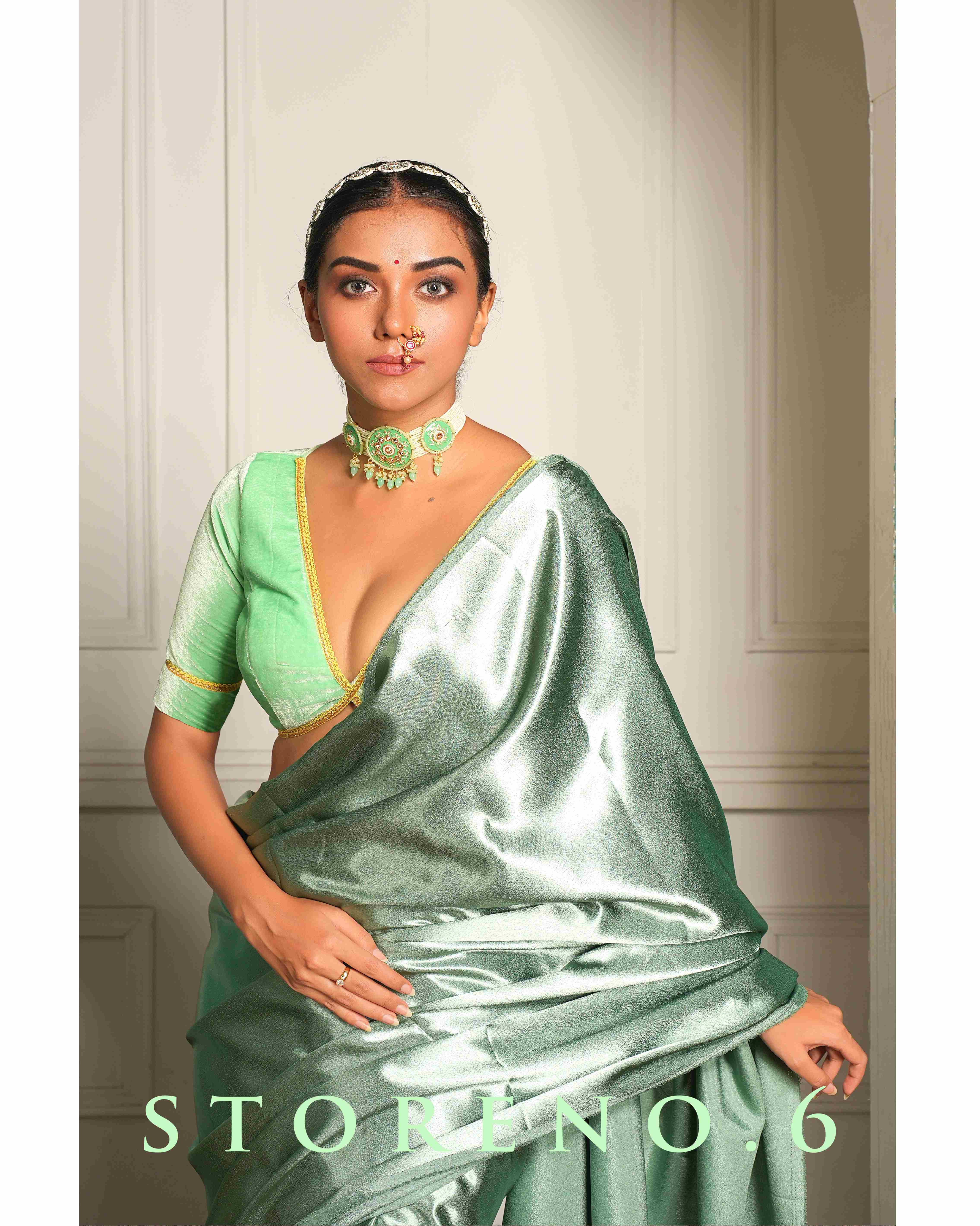 TEAL GREEN SATIN SAREE WITH SEASONAL SEAFOAM BLOUSE