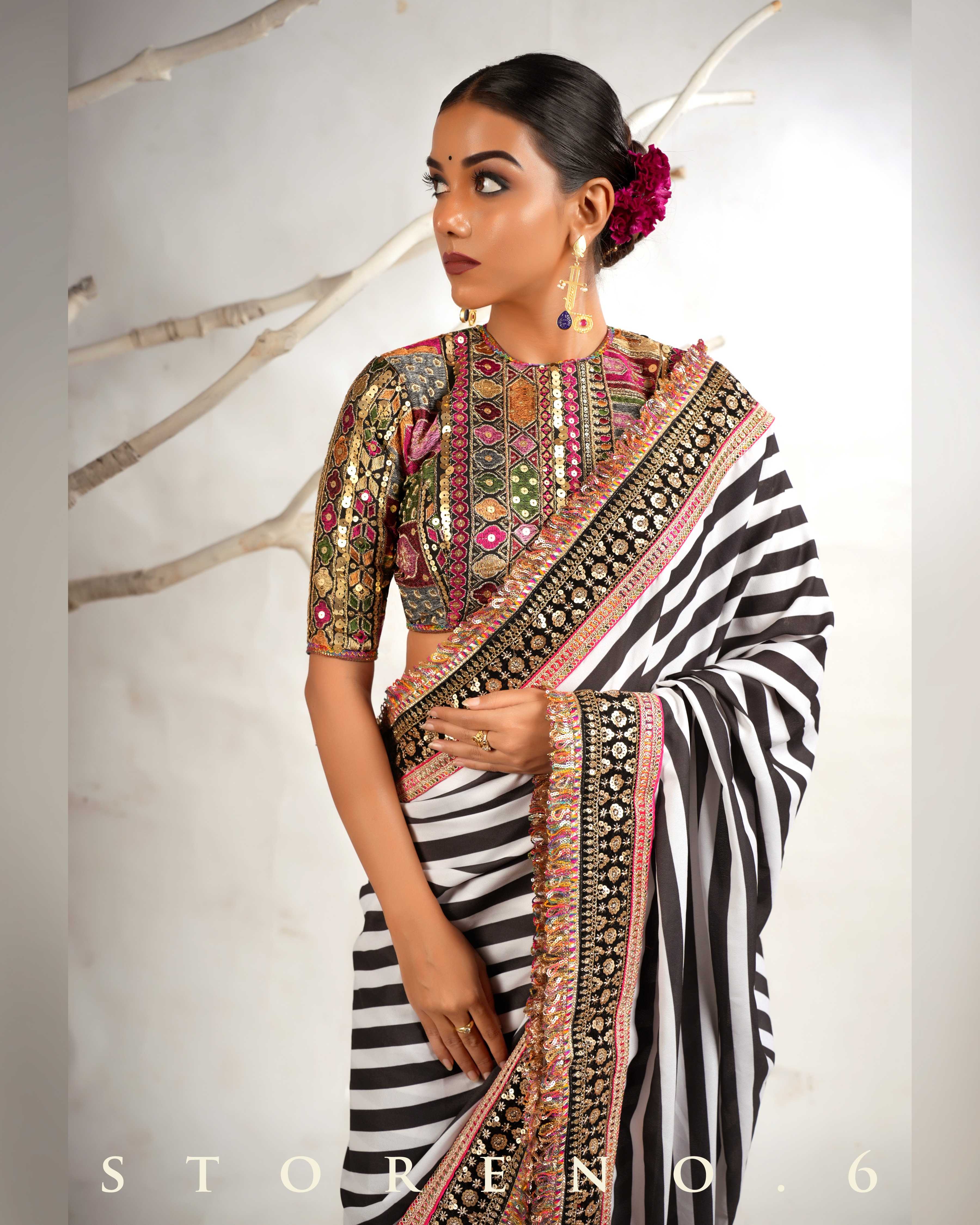 THE DIVINE STRIPE SHOW SAREE WITH GUL KAARI SIAH CLASSIC BLOUSE