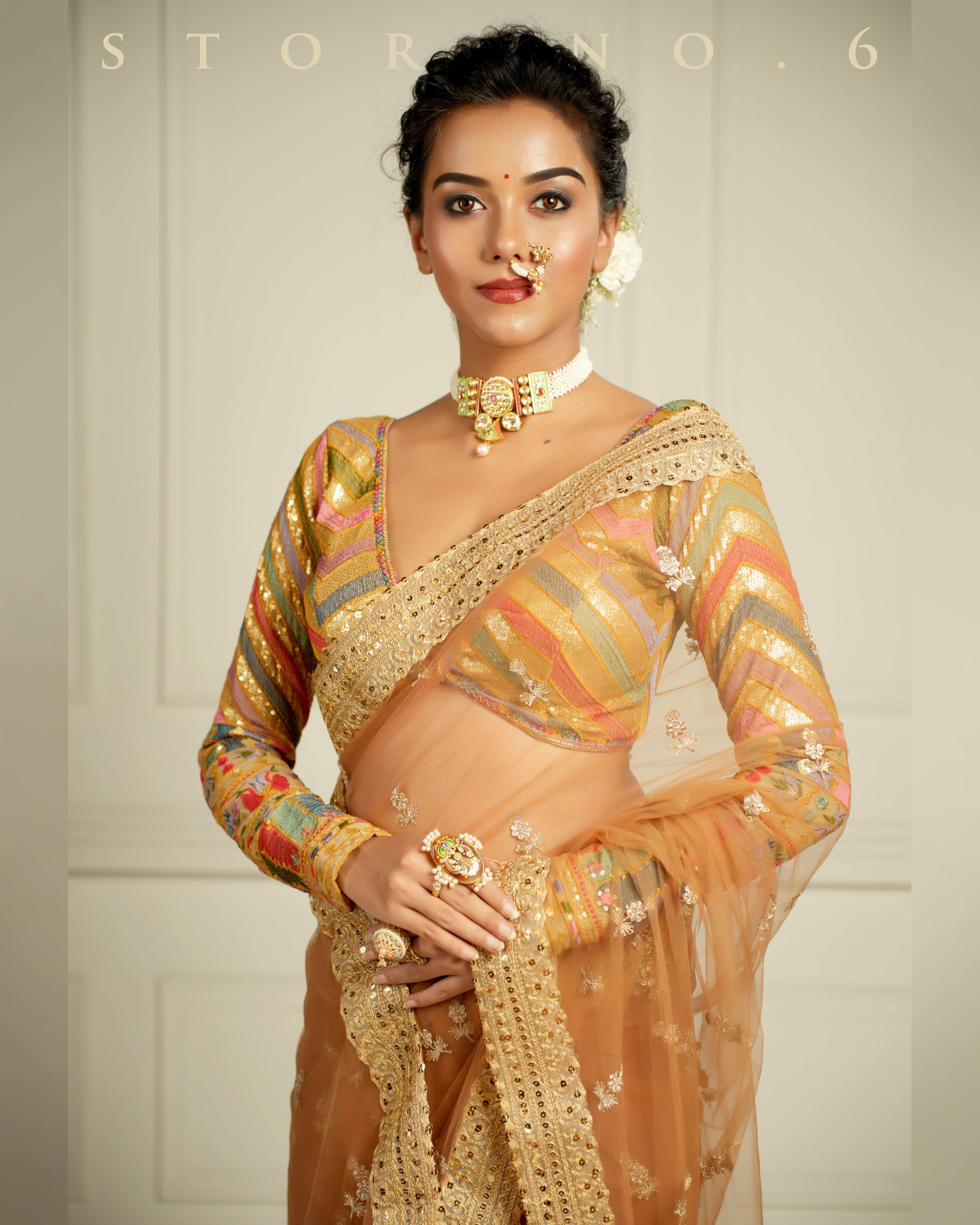 THE QUEEN'S EXOTIC EXPRESSO SAREE WITH BEBAAK SURMAI BLOUSE