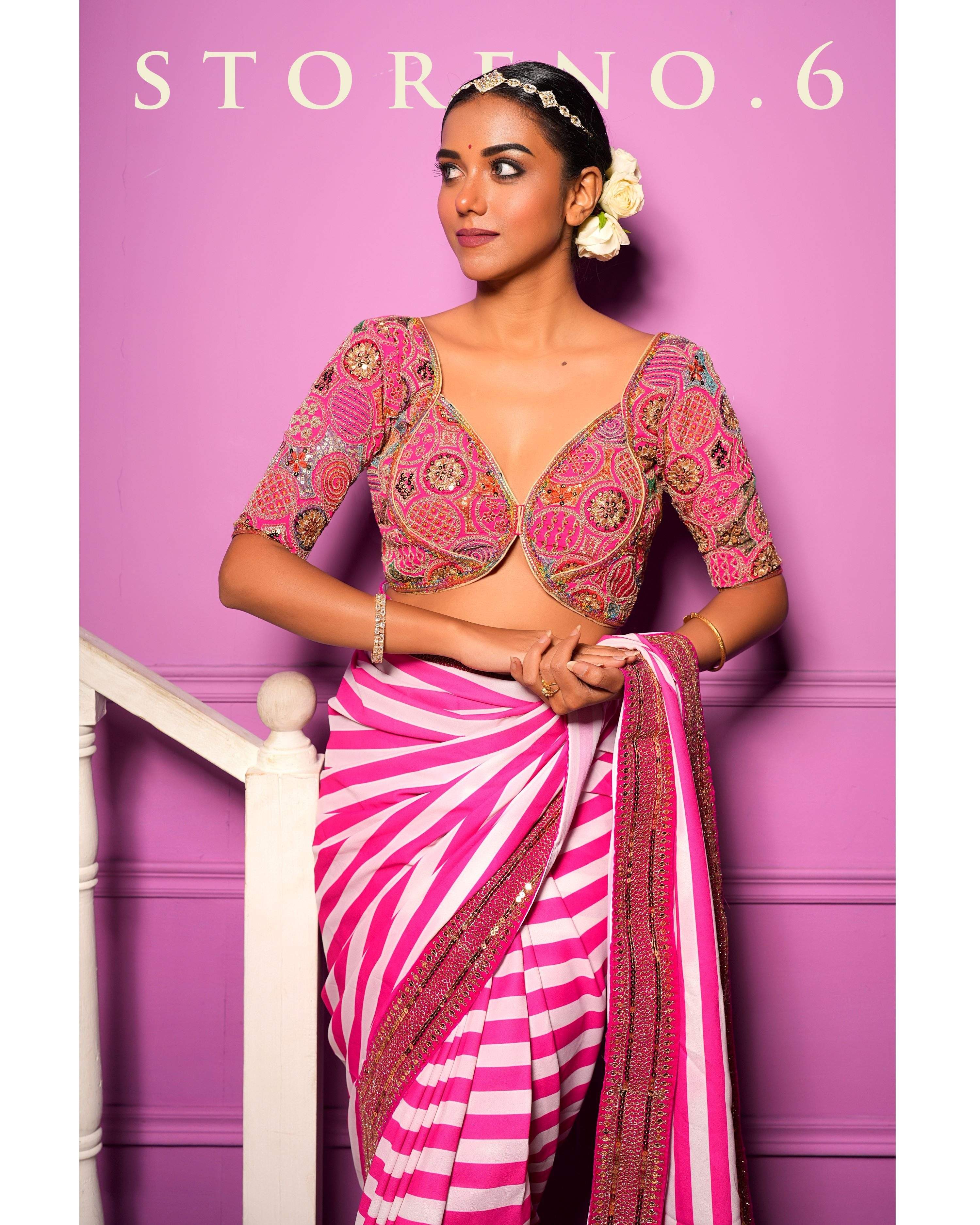 FLOURISHING FUCHSIA STRIPE SHOW SAREE WITH BAAHAR-E-GULAAB BLOUSE