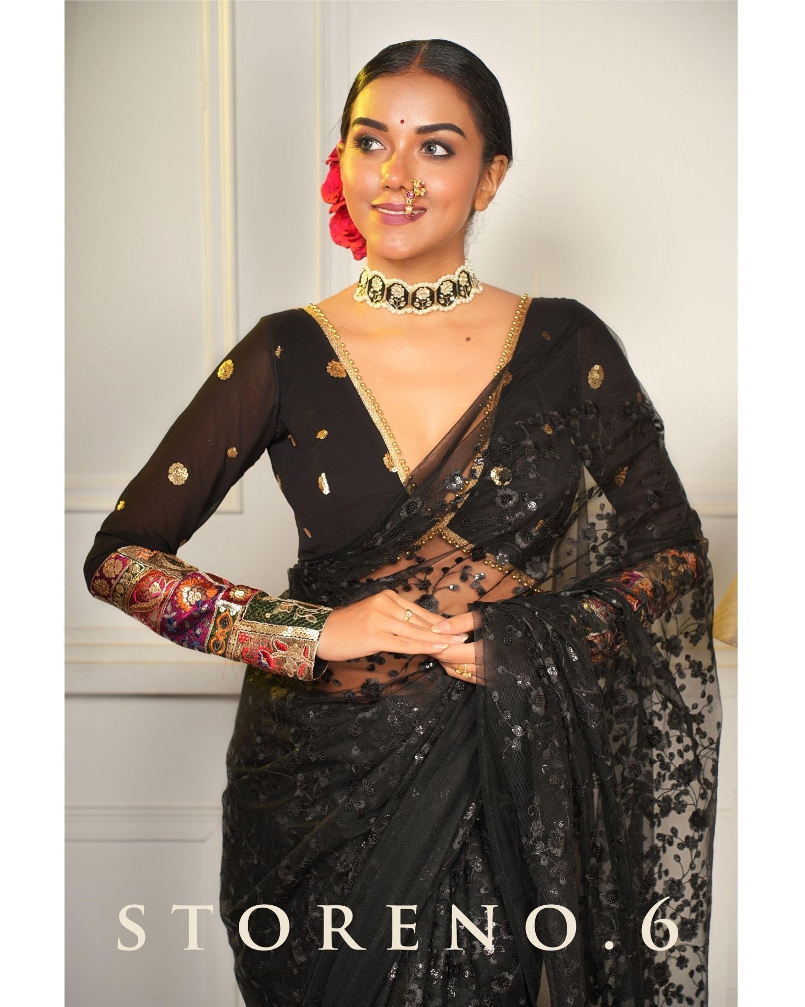 SHINE IN BLACK SAREE WITH RICH IN RAVEN BLOUSE