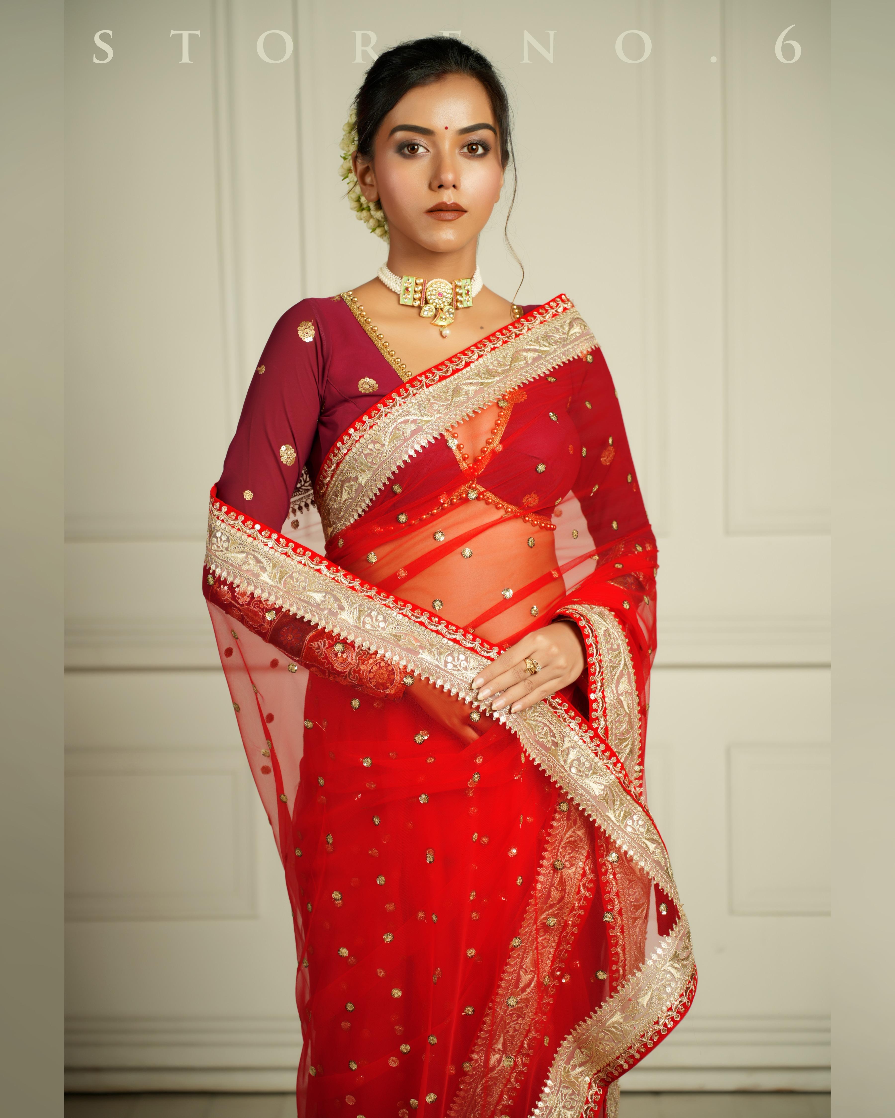 THE QUEEN'S CRIMSON CRUSH SAREE WITH RICH IN MAHOGANY BLOUSE