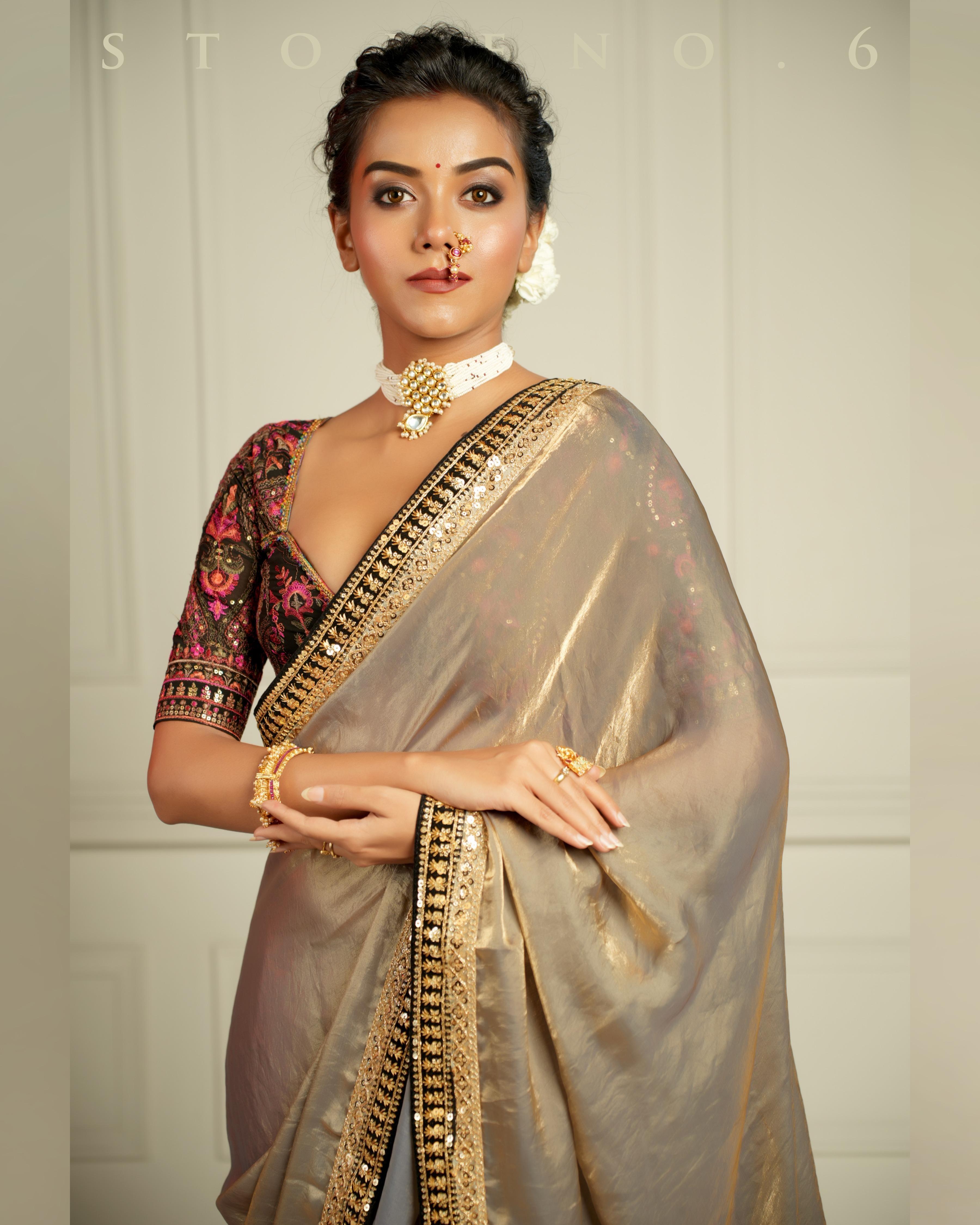 THE IMPERIAL SUNKISSED SMOKE SAREE WITH CHAHAT-E-SIAH BLOUSE