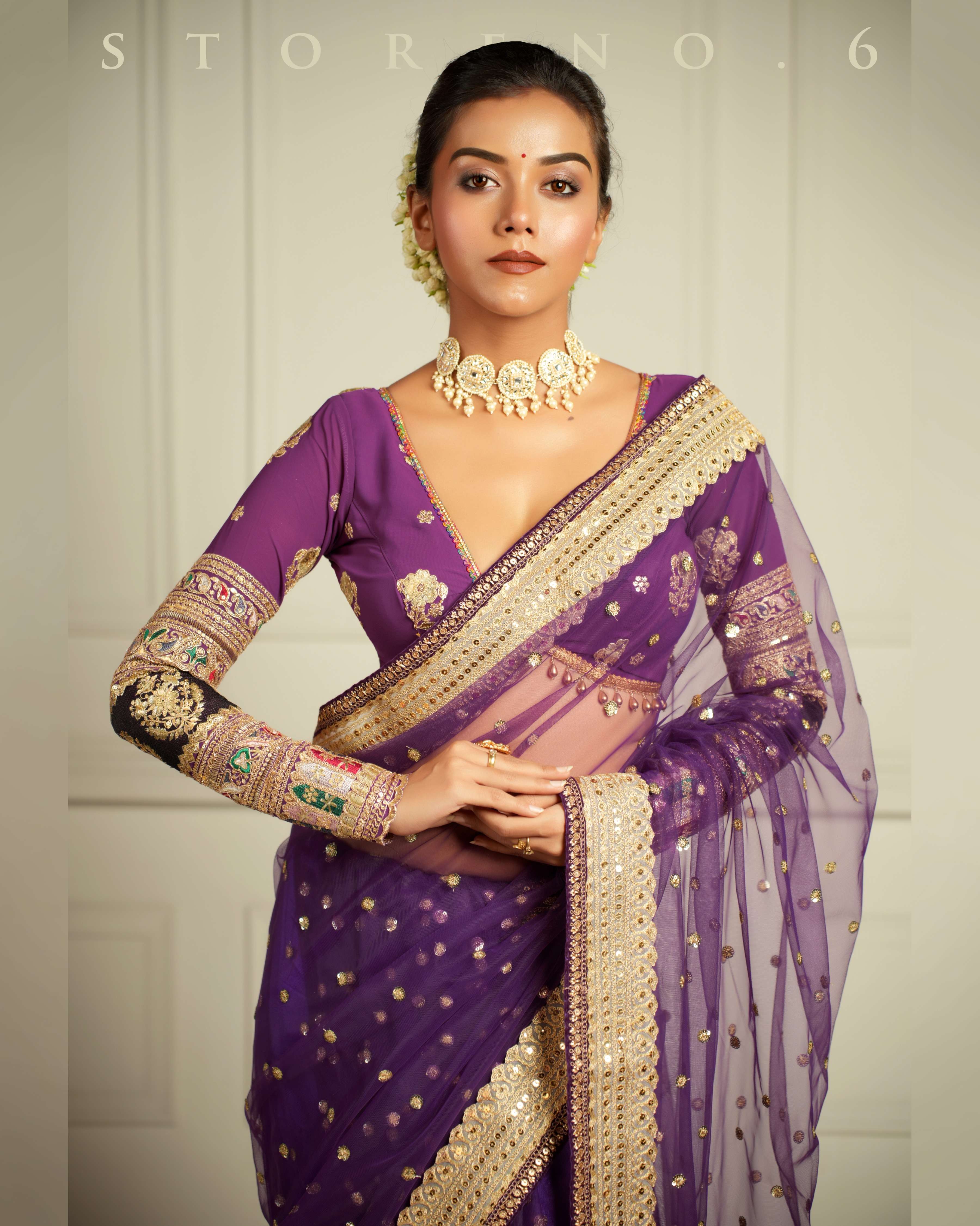 THE QUEEN'S PASSION PLUM SAREE WITH ORNATE ORCHID BLOUSE