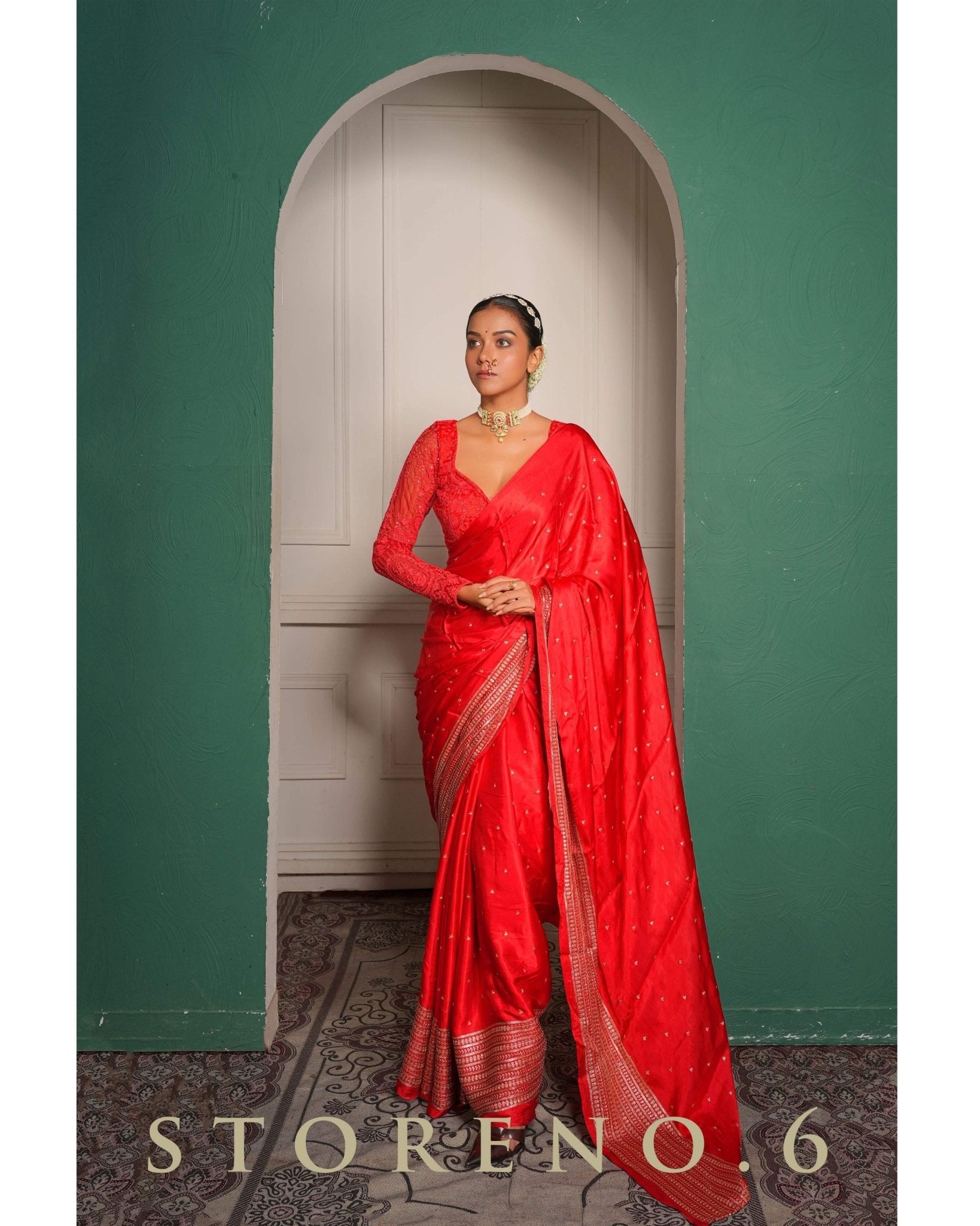 EHSAAS-E-SURKH SAREE WITH SPILLING CRIMSON BLOUSE