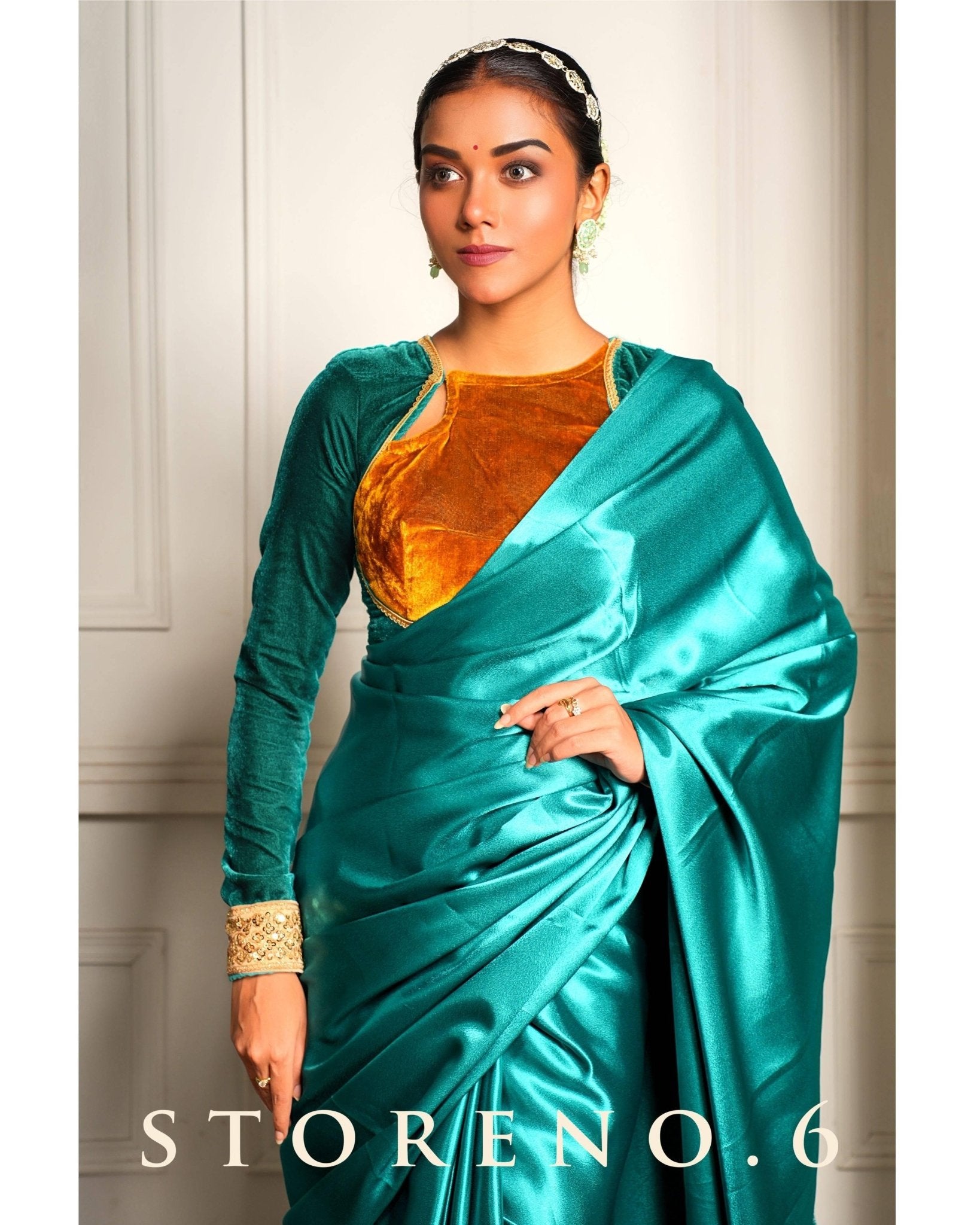 OCEAN BLUE SATIN SAREE WITH ARIEL VELVETEEN BLOUSE