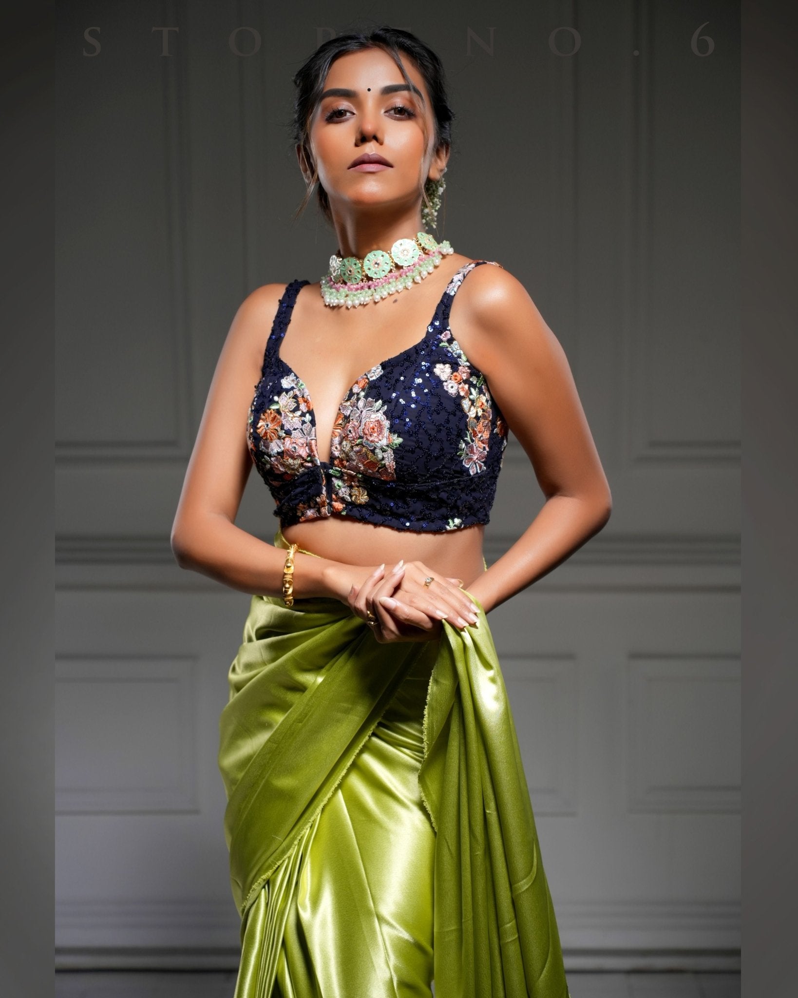 OLIVE OBSESSION SAREE WITH NEELI AFSOON SLEEVELESS PLUNGE BLOUSE