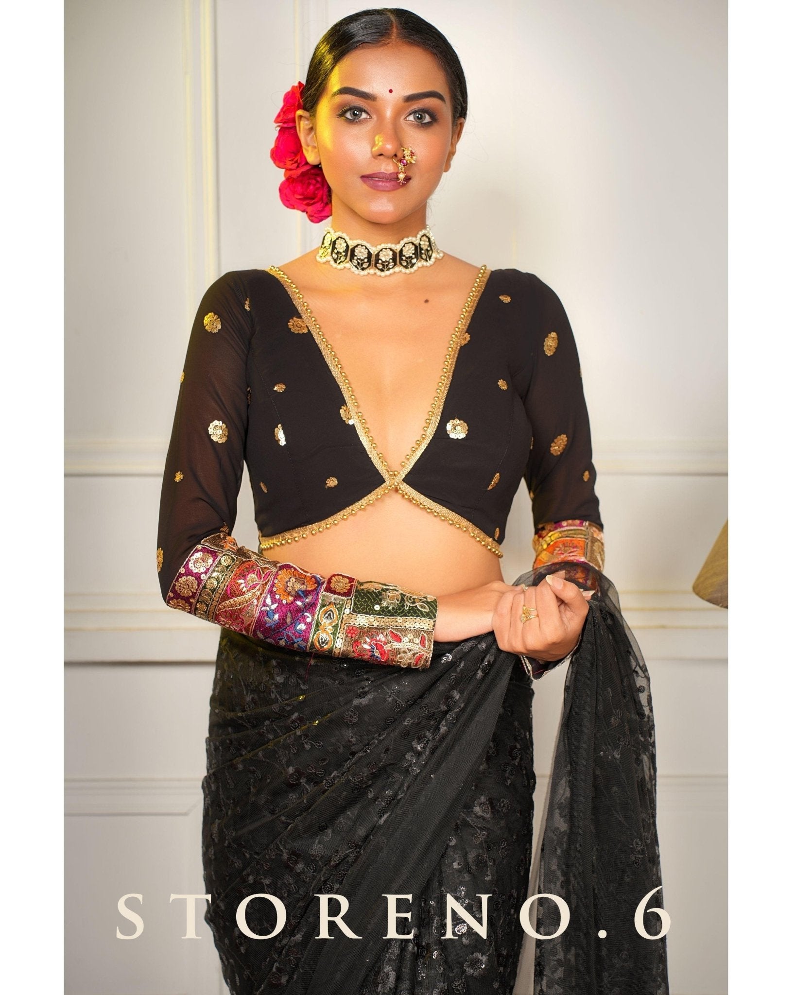 SHINE IN BLACK SAREE WITH RICH IN RAVEN BLOUSE