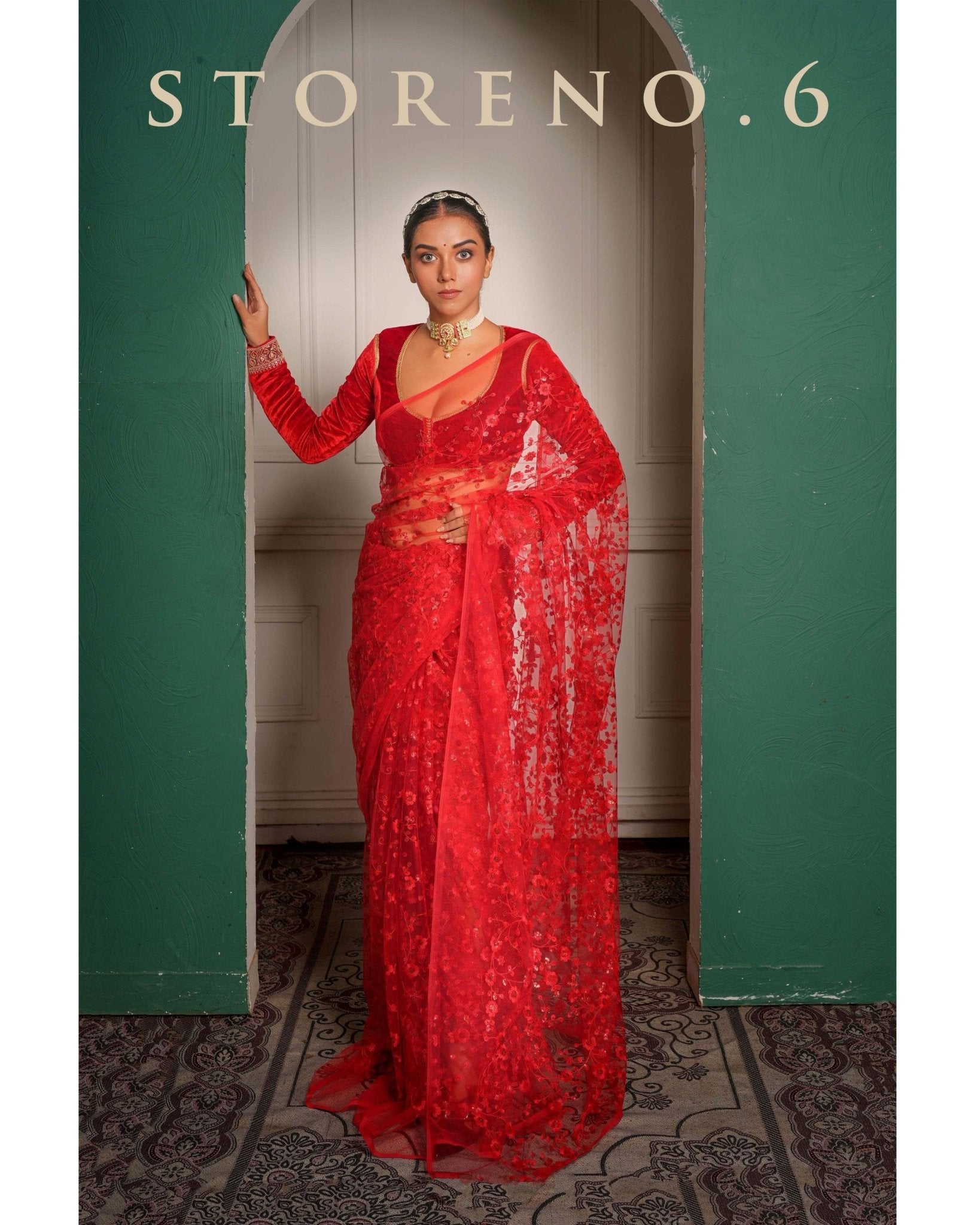 SHINE IN RED SAREE WITH MAKHMAL-E-SURKH FULL SLEEVE BLOUSE