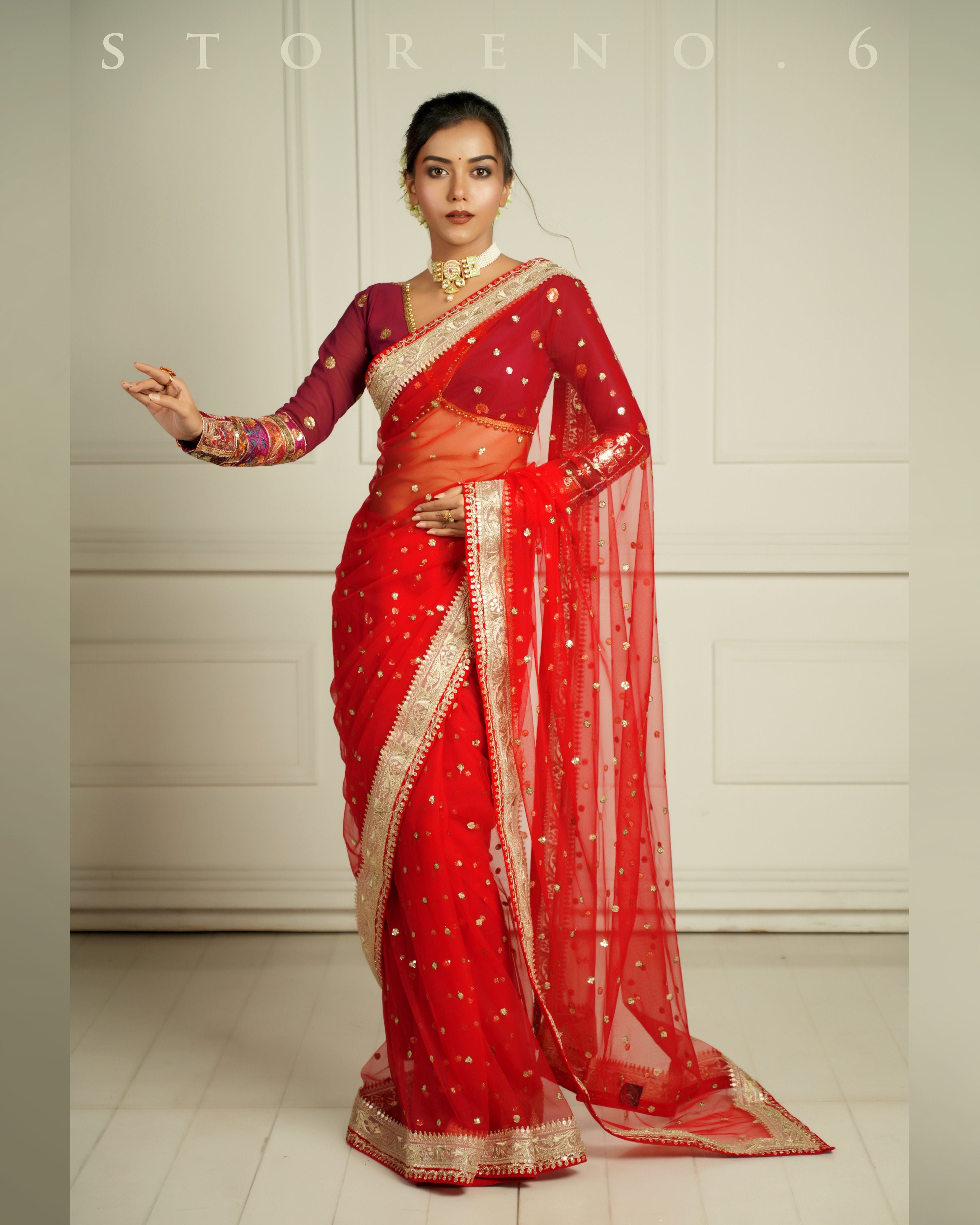 THE QUEEN'S CRIMSON CRUSH SAREE WITH RICH IN MAHOGANY BLOUSE