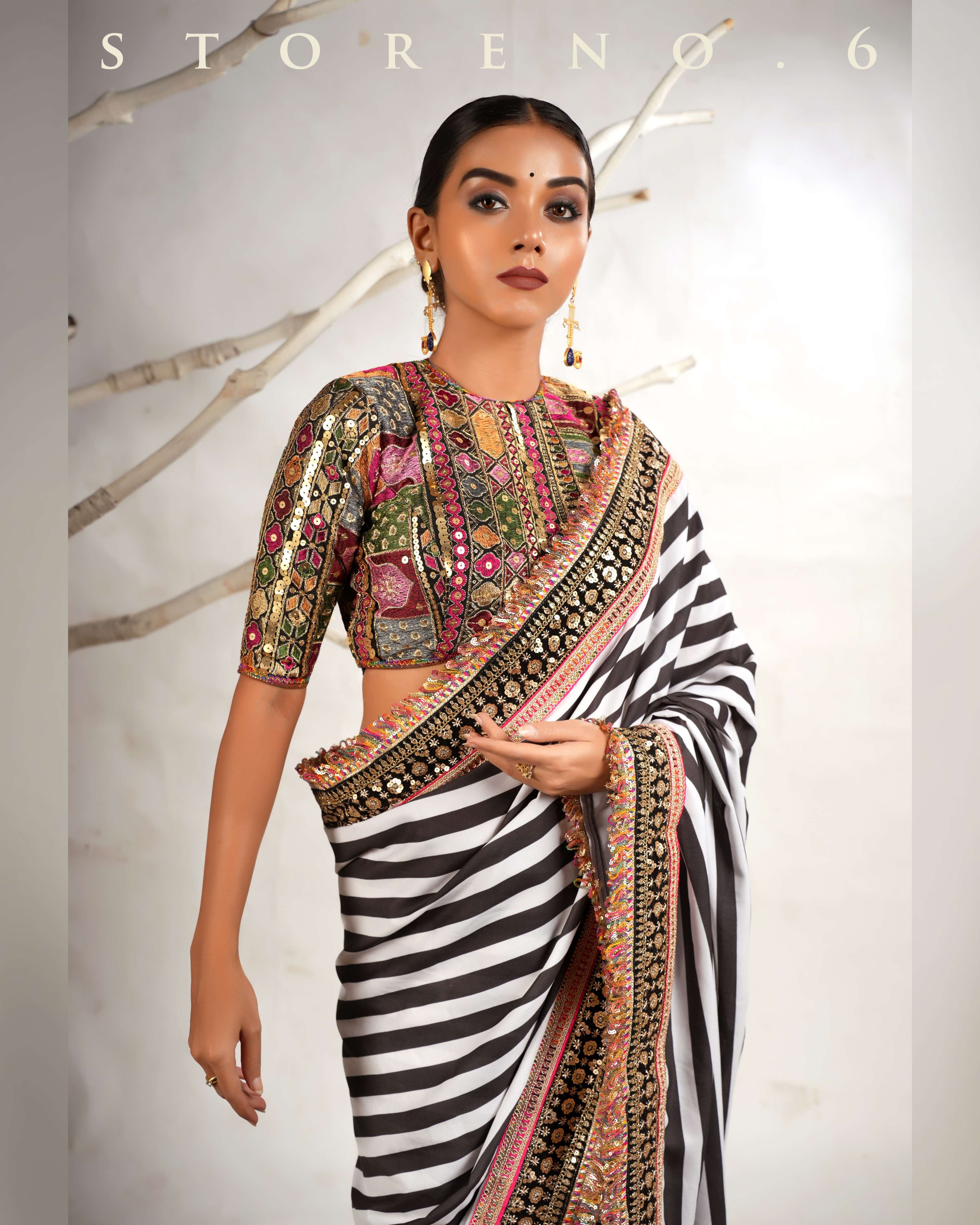 THE DIVINE STRIPE SHOW SAREE WITH GUL KAARI SIAH CLASSIC BLOUSE