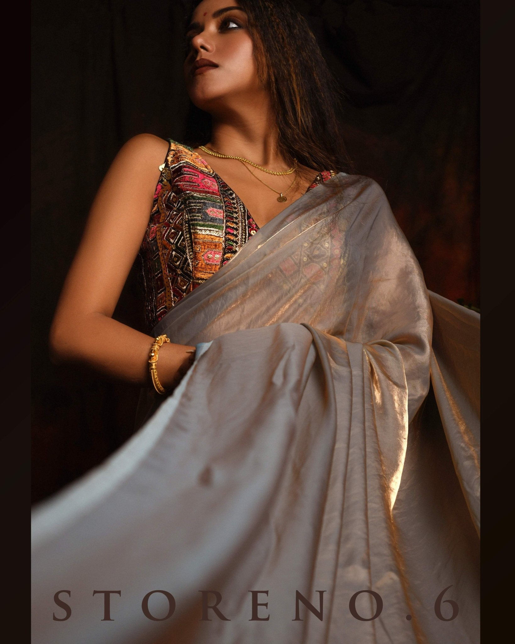 THE FORBIDDEN OASIS SAREE WITH GUL KAARI SIAH PLUNGE SLEEVELESS BLOUSE