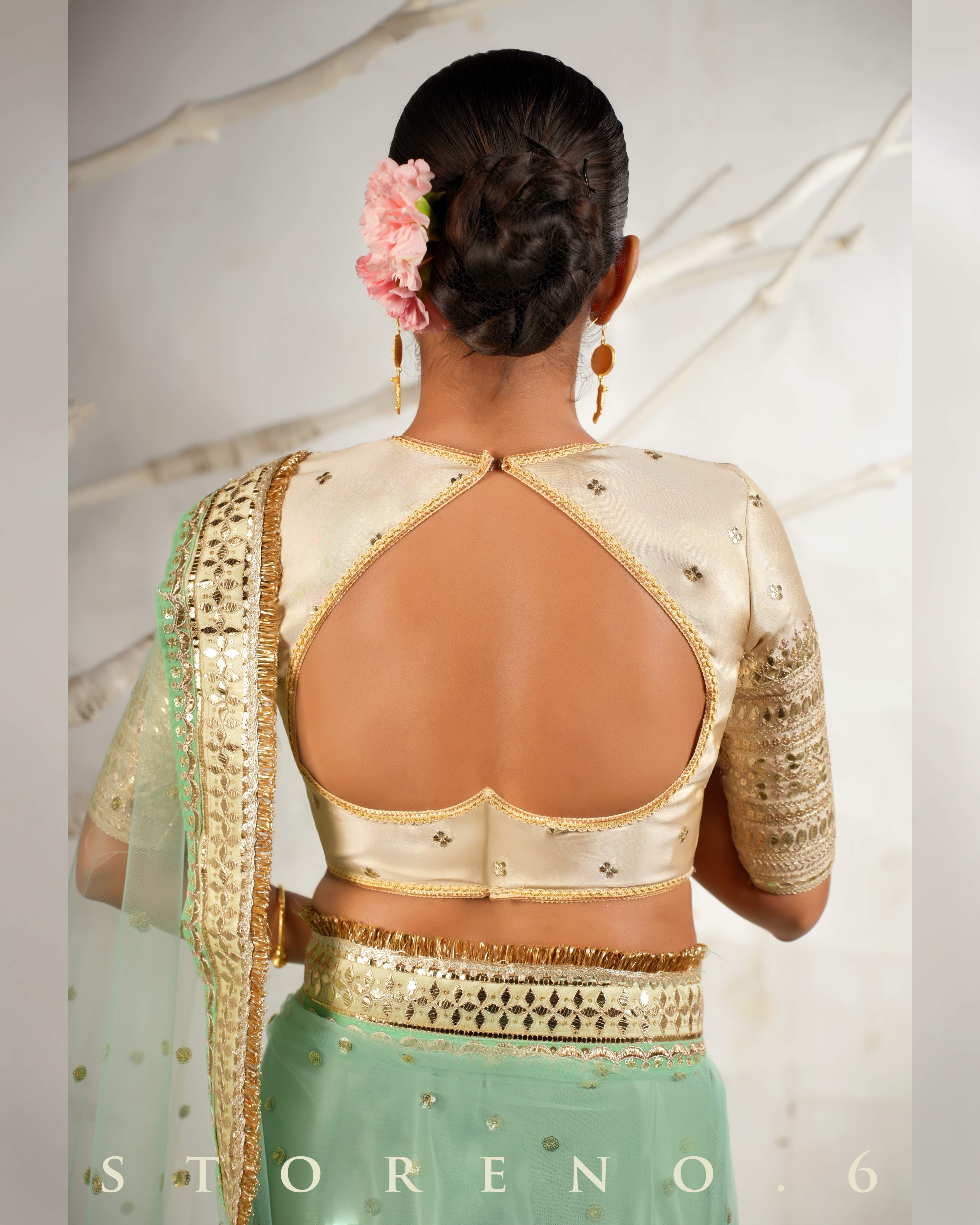 STELLAR SEAFOAM SAREE WITH THE CLASSIC CHAMPAGNE BLOUSE