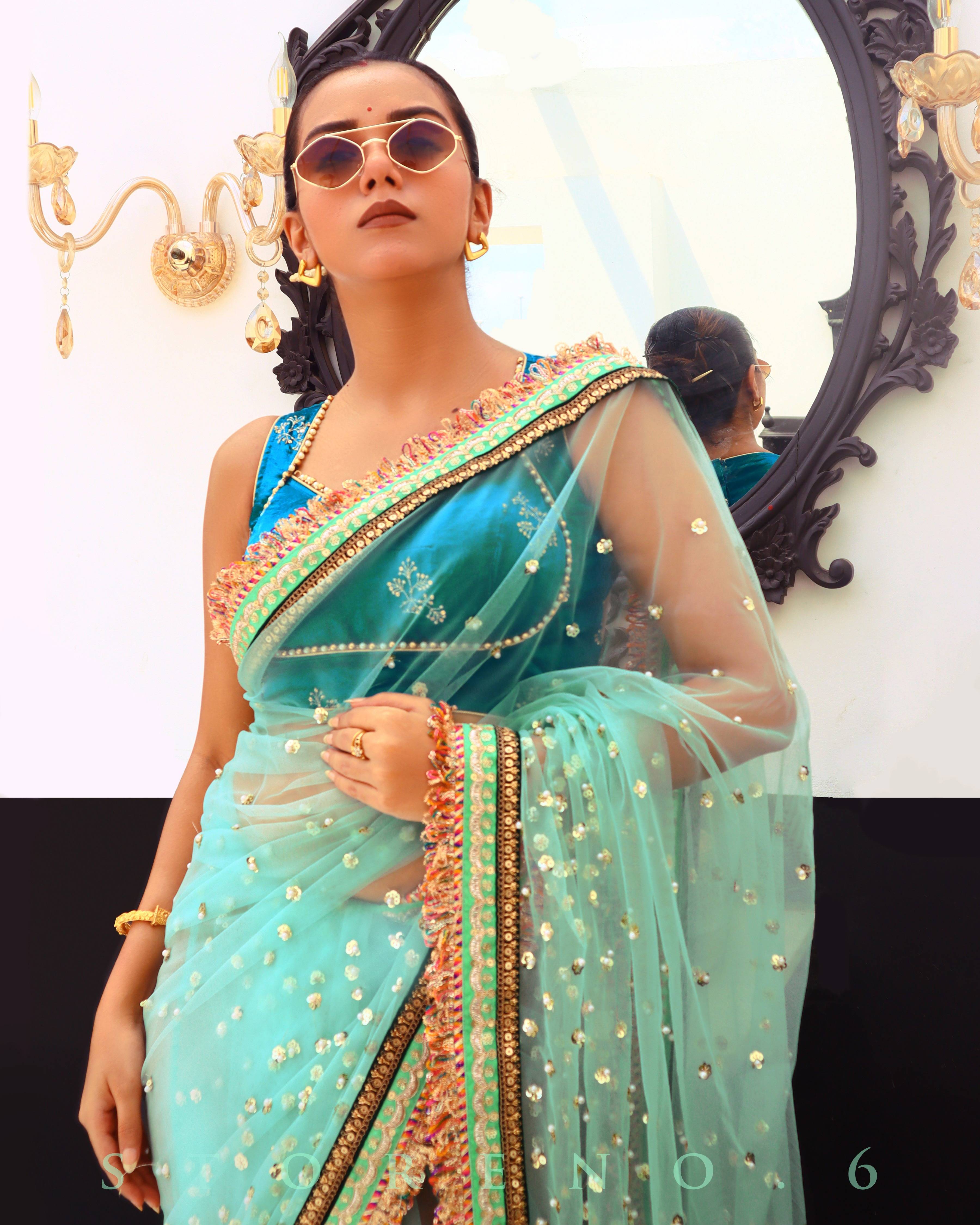 FEBRUARY FLING SAREE WITH MARINE MARVEL SLEEVELESS BLOUSE