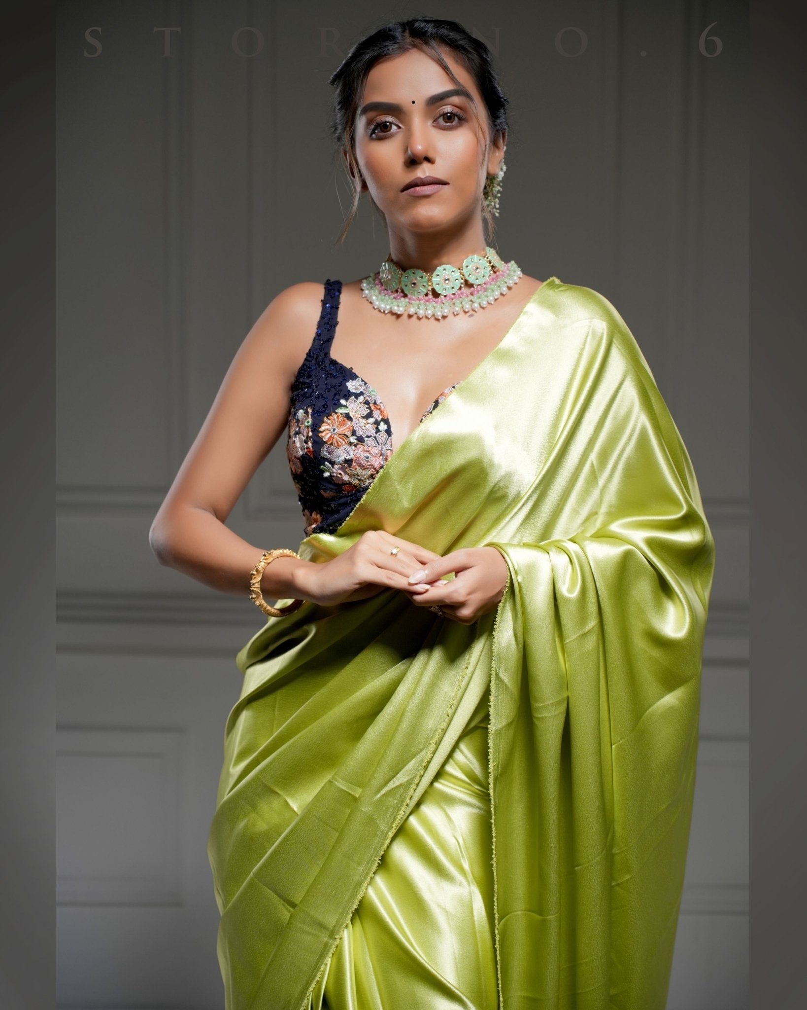 OLIVE OBSESSION SAREE WITH NEELI AFSOON SLEEVELESS PLUNGE BLOUSE