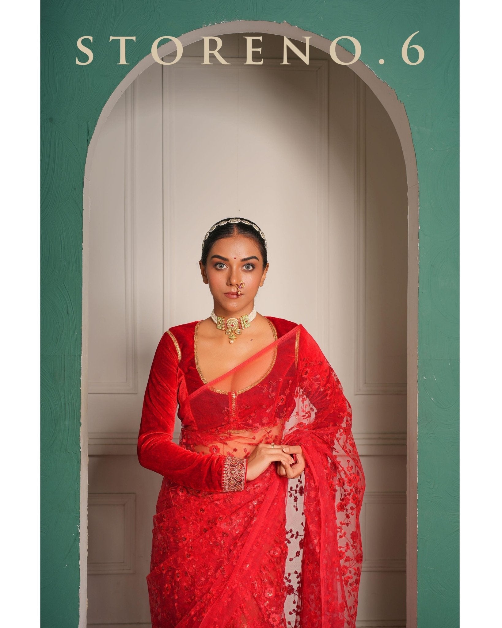 SHINE IN RED SAREE WITH MAKHMAL-E-SURKH FULL SLEEVE BLOUSE