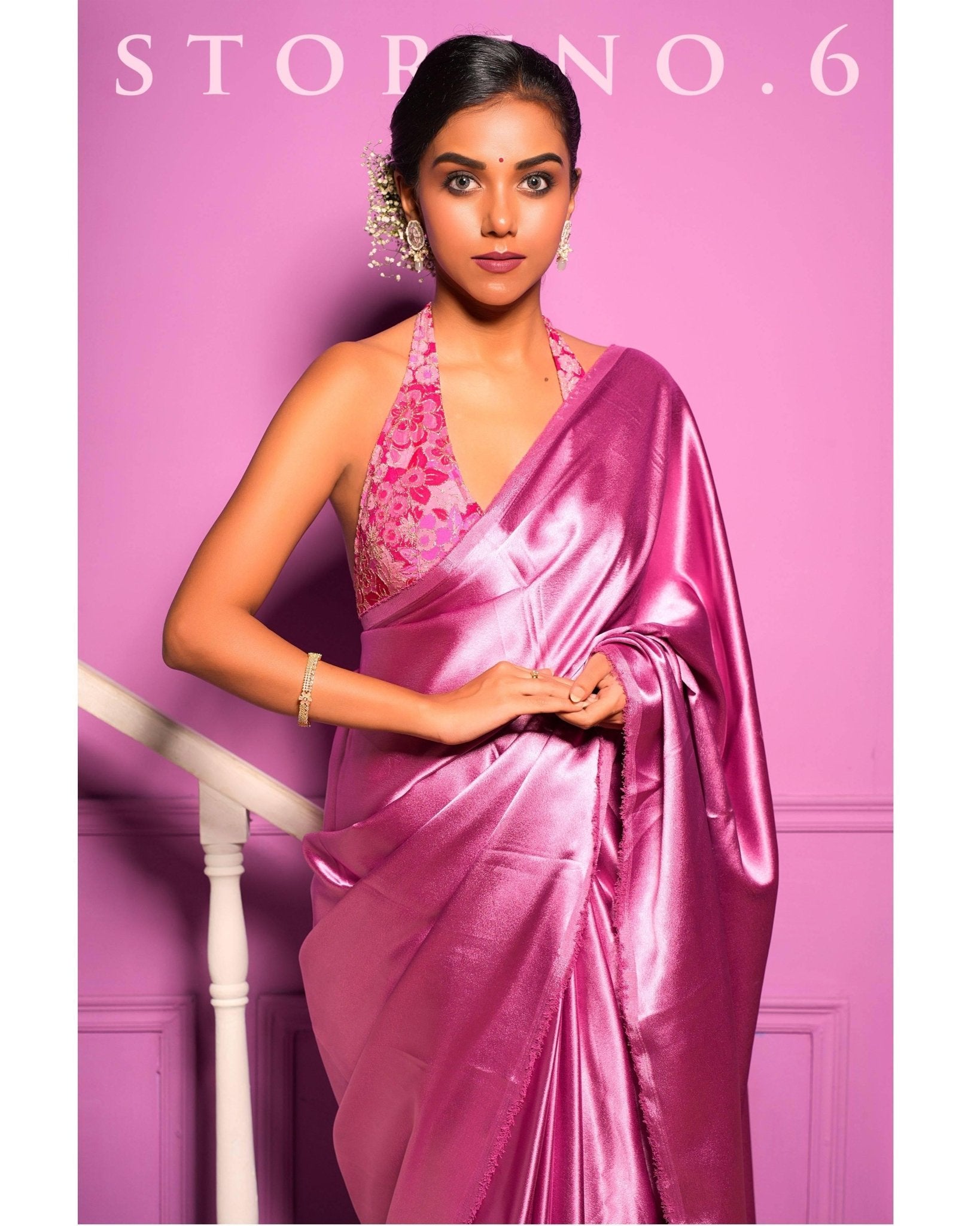 ROSE DUST PINK SATIN SAREE WITH FEISTY FUCHSIA HALTER BLOUSE