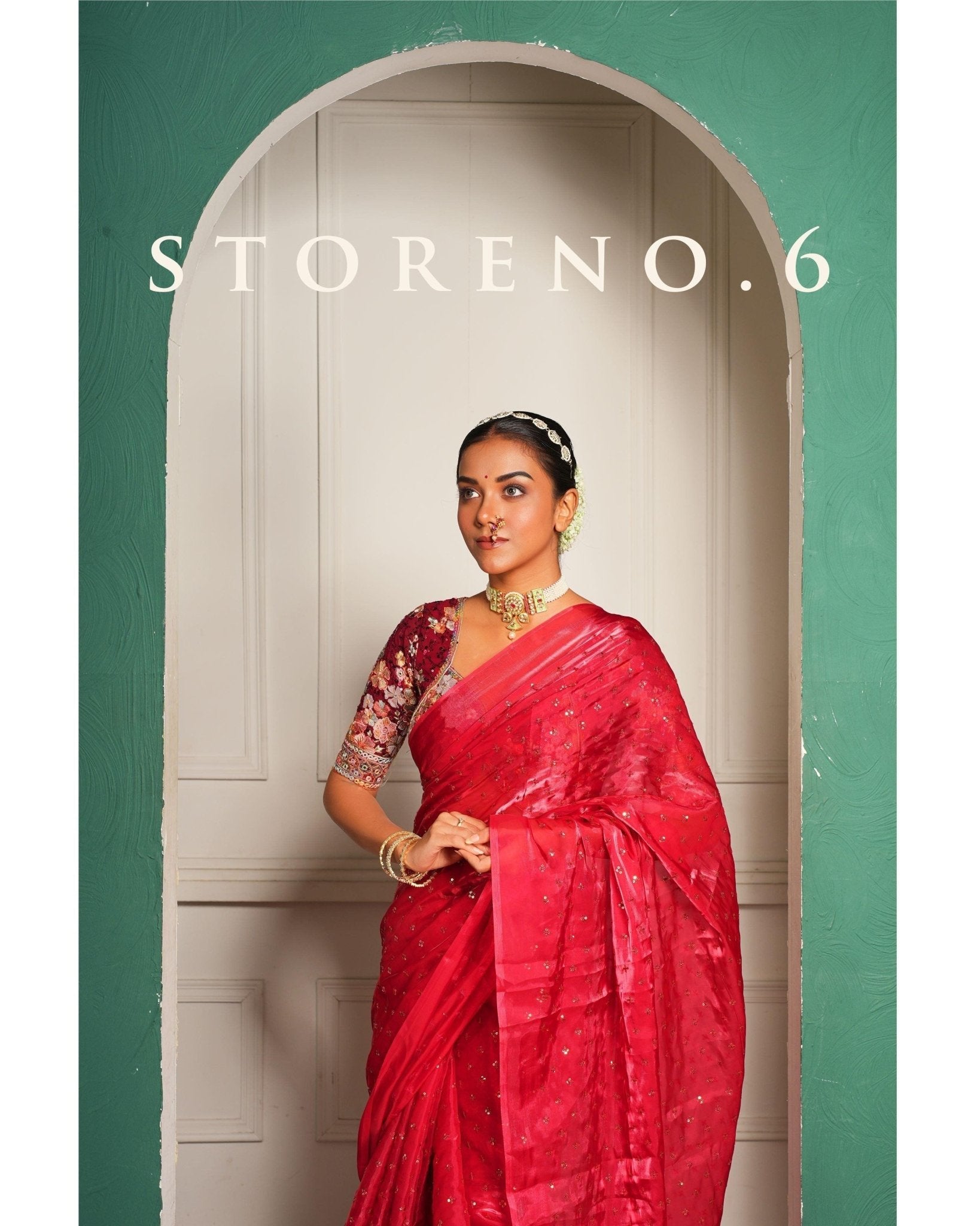 SUBTLE QUEEN SURKH SAREE WITH RAAKT AFSOON BLOUSE