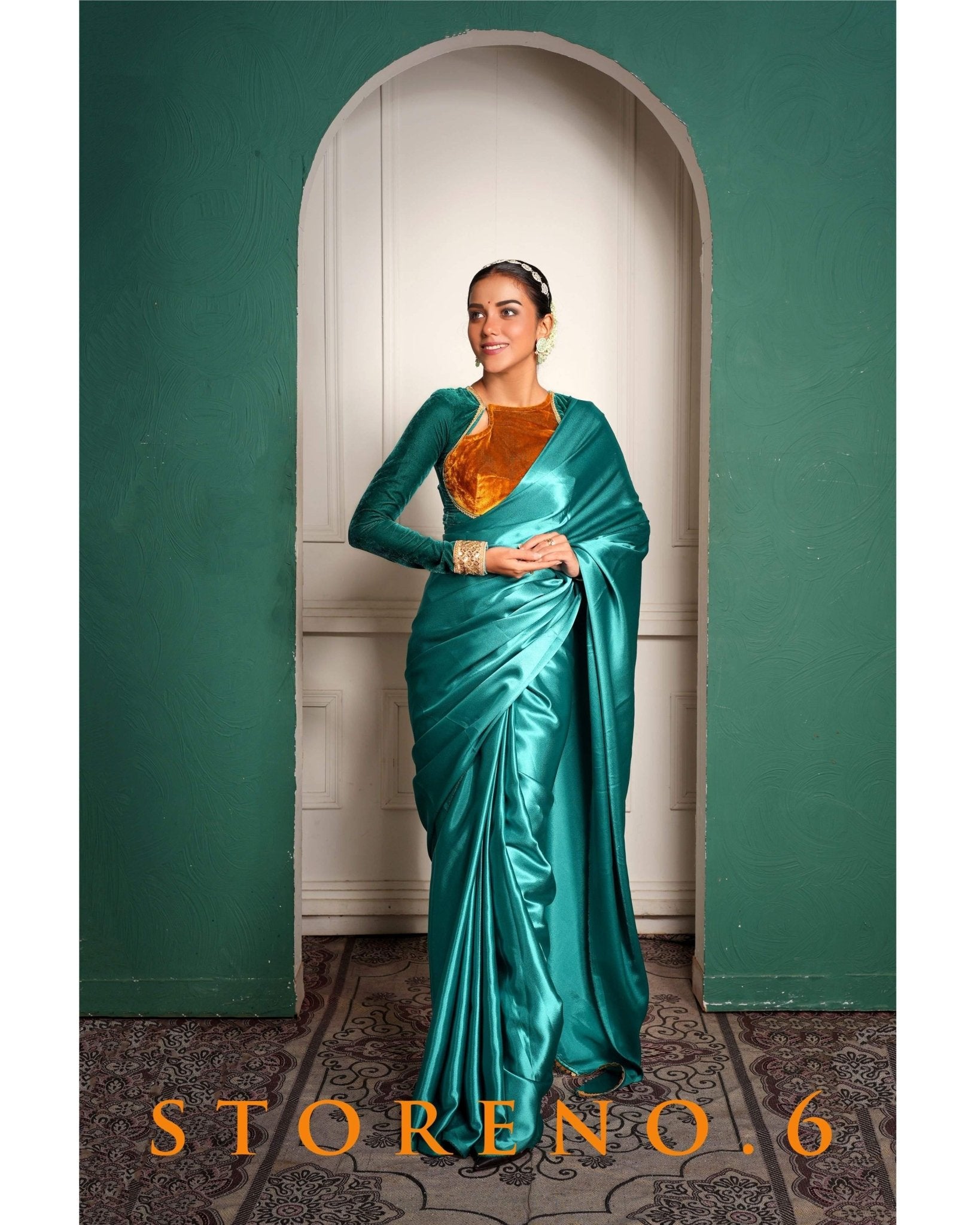 OCEAN BLUE SATIN SAREE WITH ARIEL VELVETEEN BLOUSE