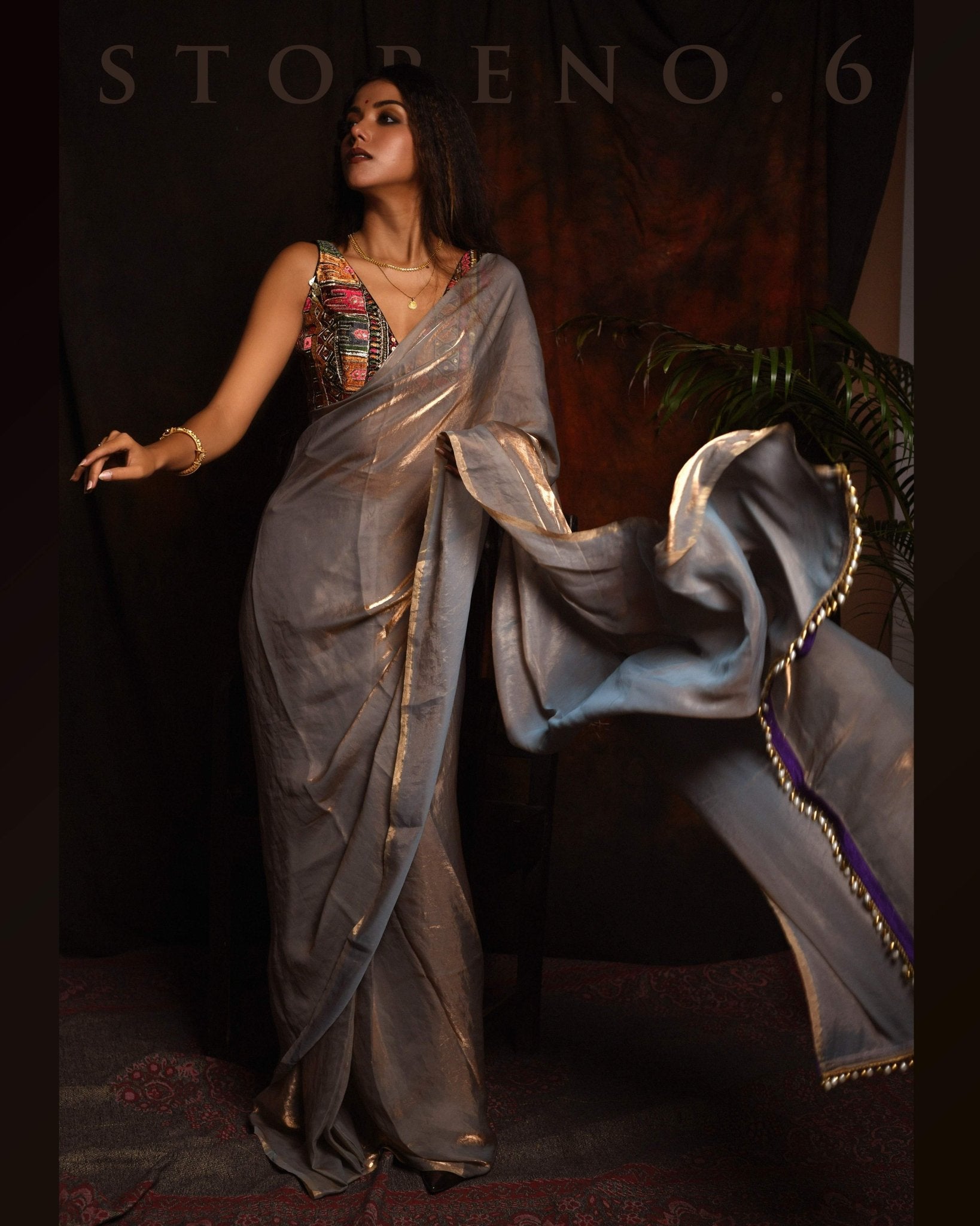 THE FORBIDDEN OASIS SAREE WITH GUL KAARI SIAH PLUNGE SLEEVELESS BLOUSE