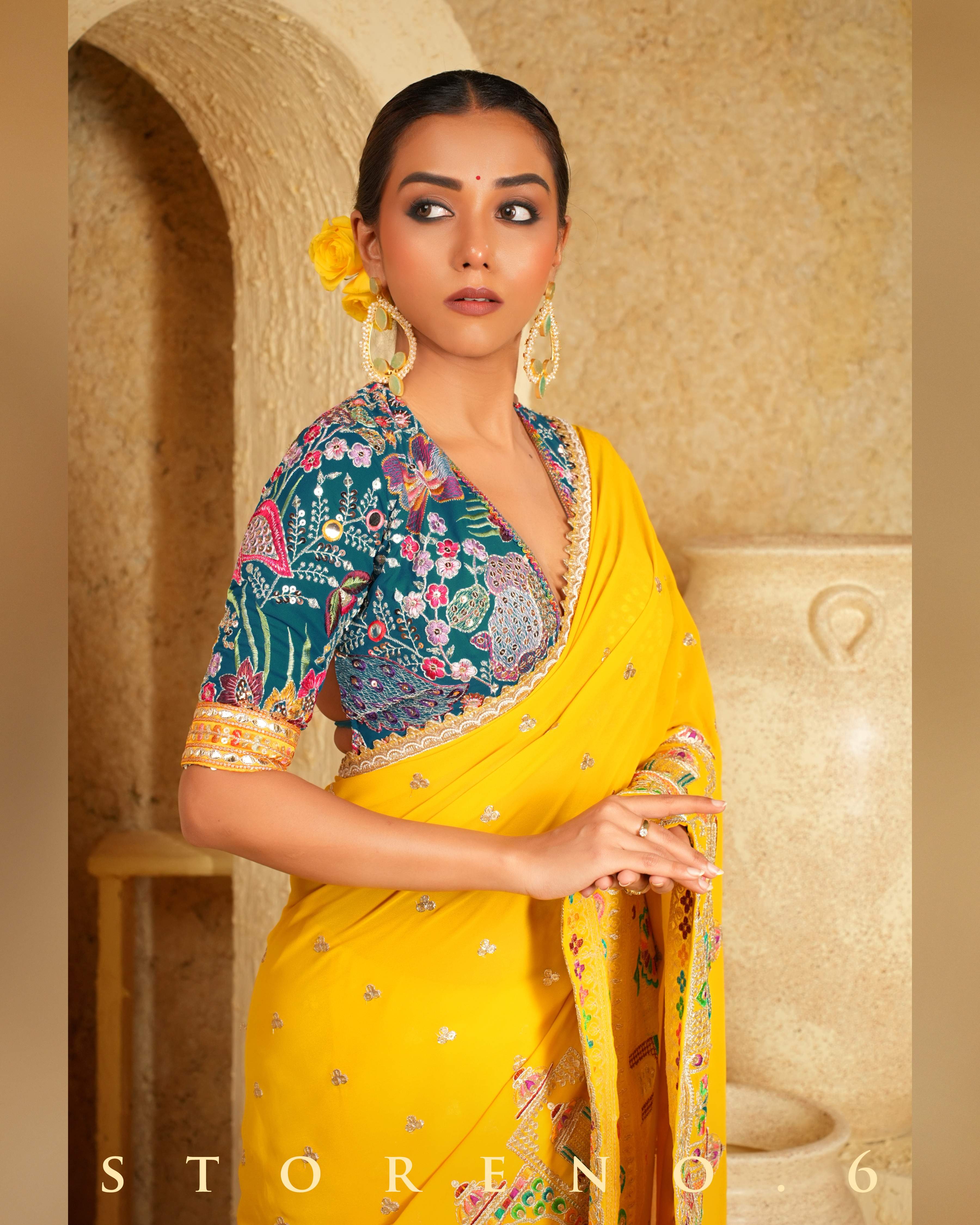 CASA CANARY SAREE WITH TROPICAL TEAL BLOUSE