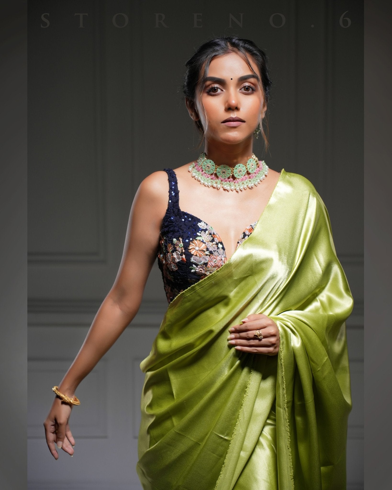 OLIVE OBSESSION SAREE WITH NEELI AFSOON SLEEVELESS PLUNGE BLOUSE