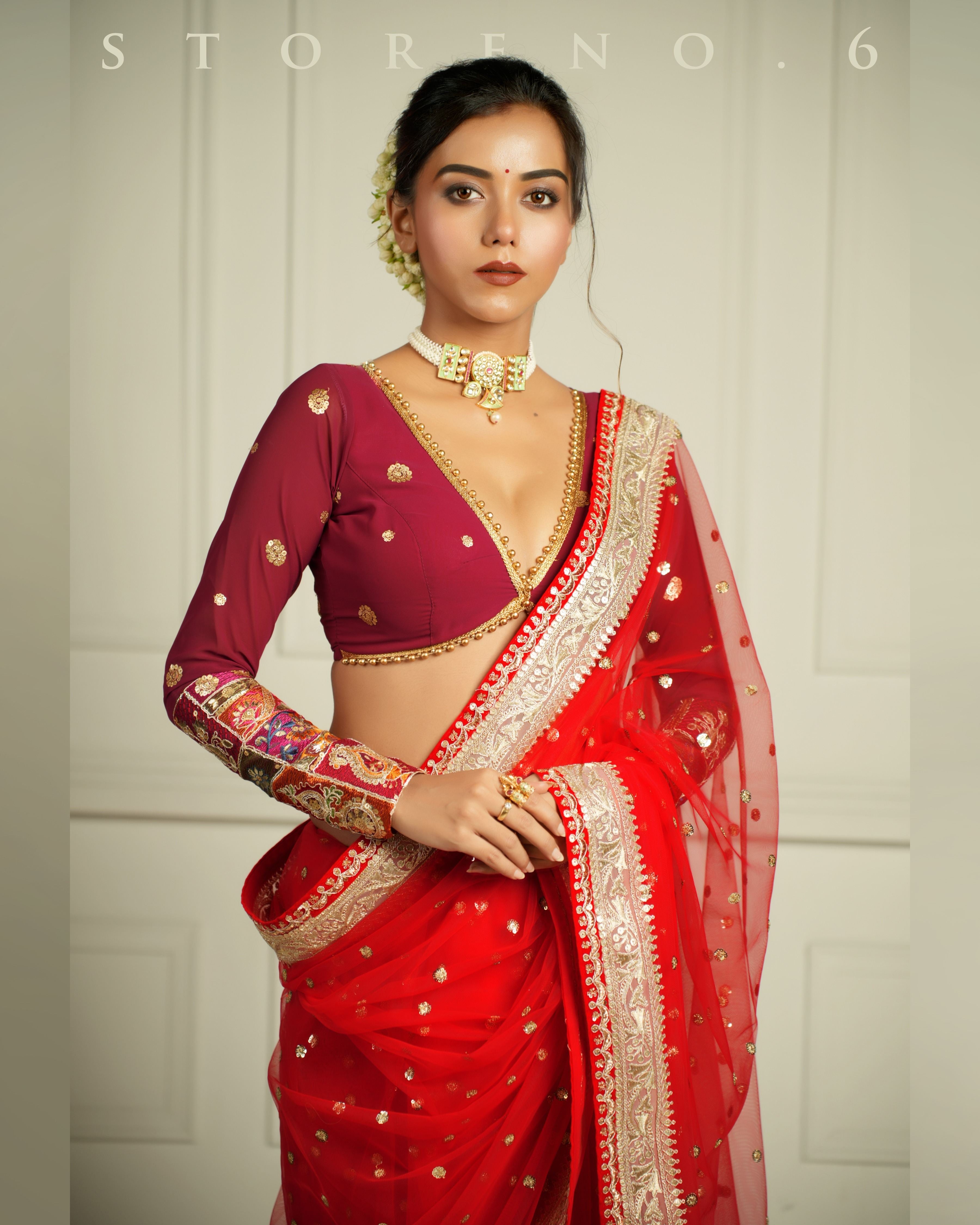 THE QUEEN'S CRIMSON CRUSH SAREE WITH RICH IN MAHOGANY BLOUSE