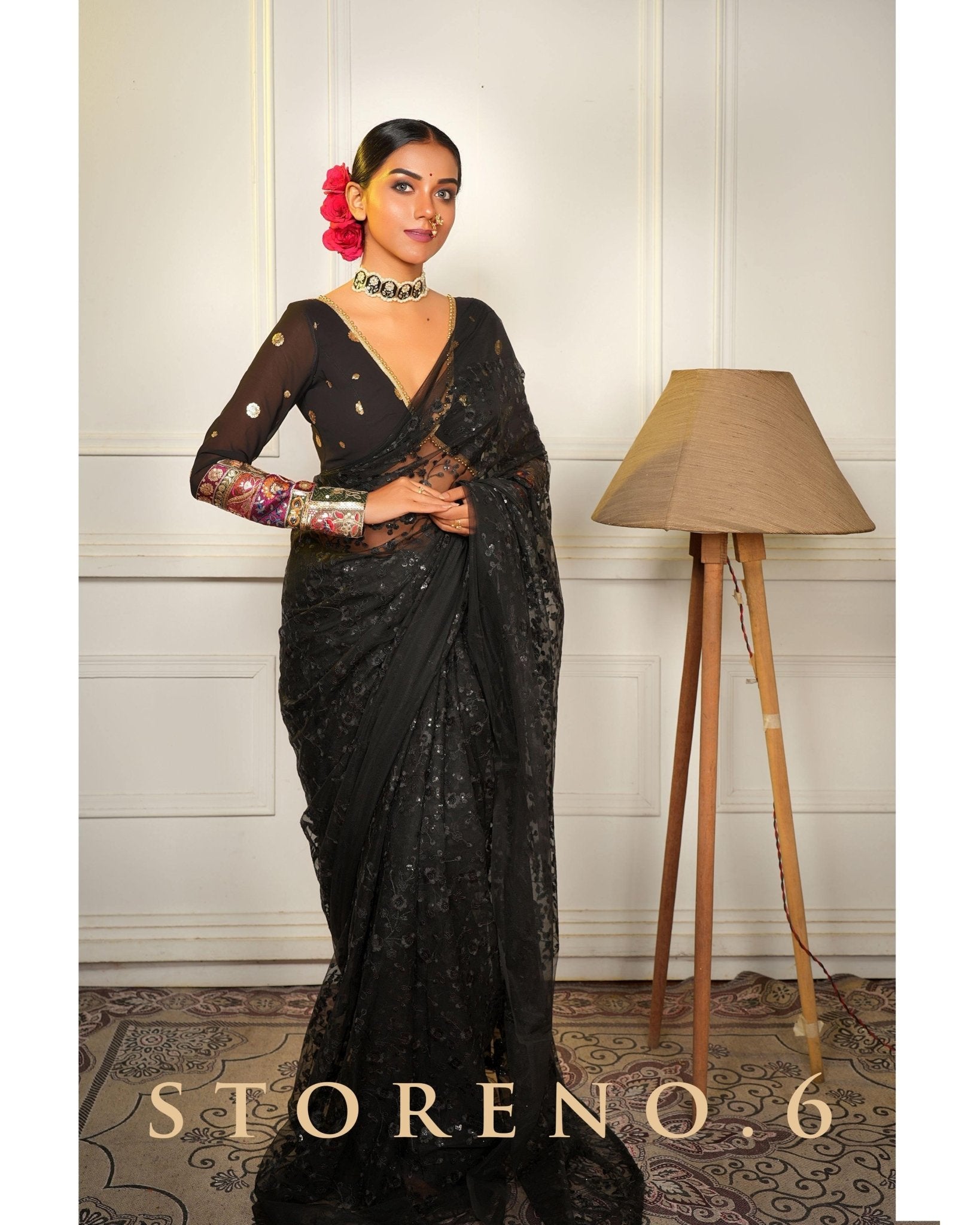 SHINE IN BLACK SAREE WITH RICH IN RAVEN BLOUSE