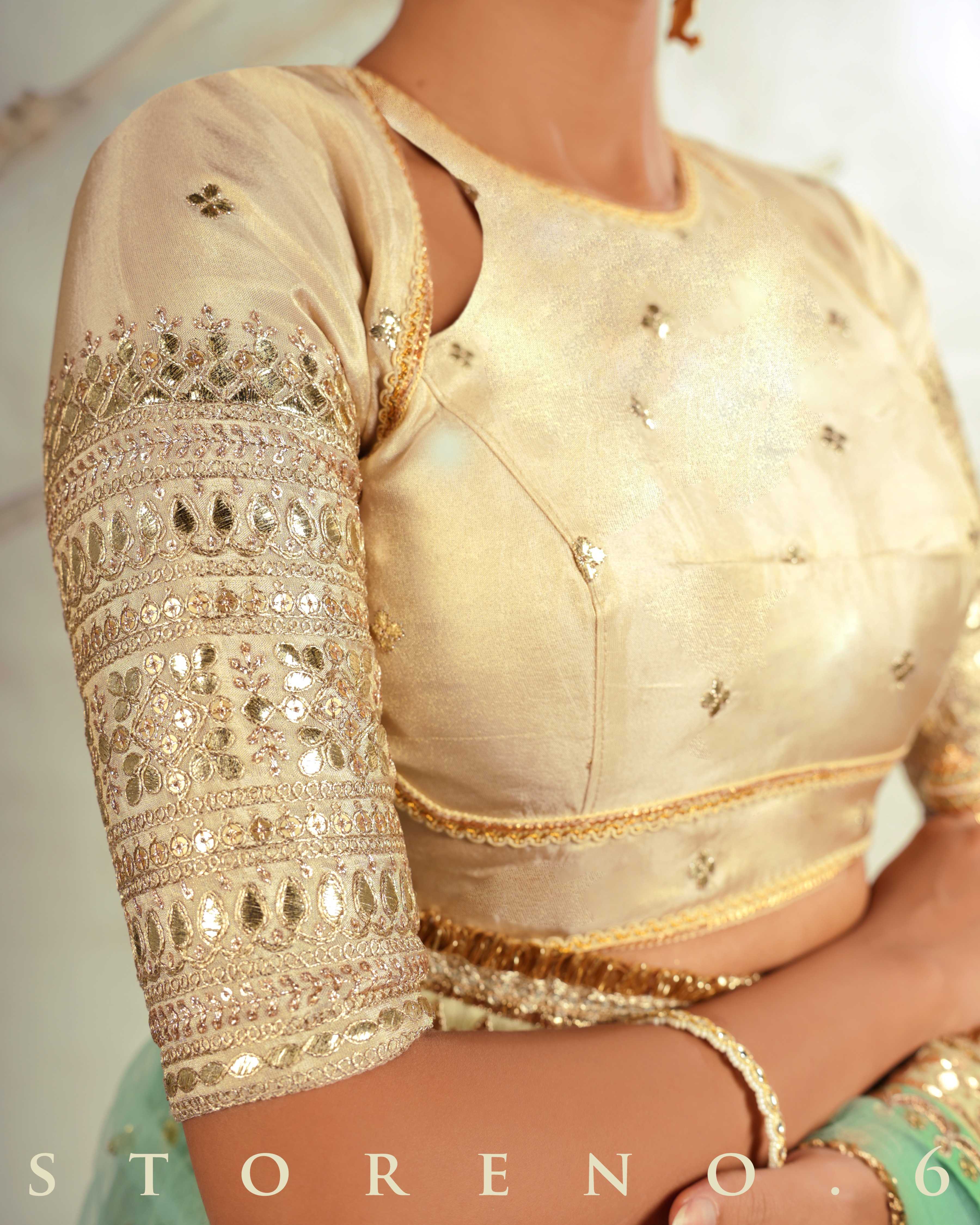 STELLAR SEAFOAM SAREE WITH THE CLASSIC CHAMPAGNE BLOUSE