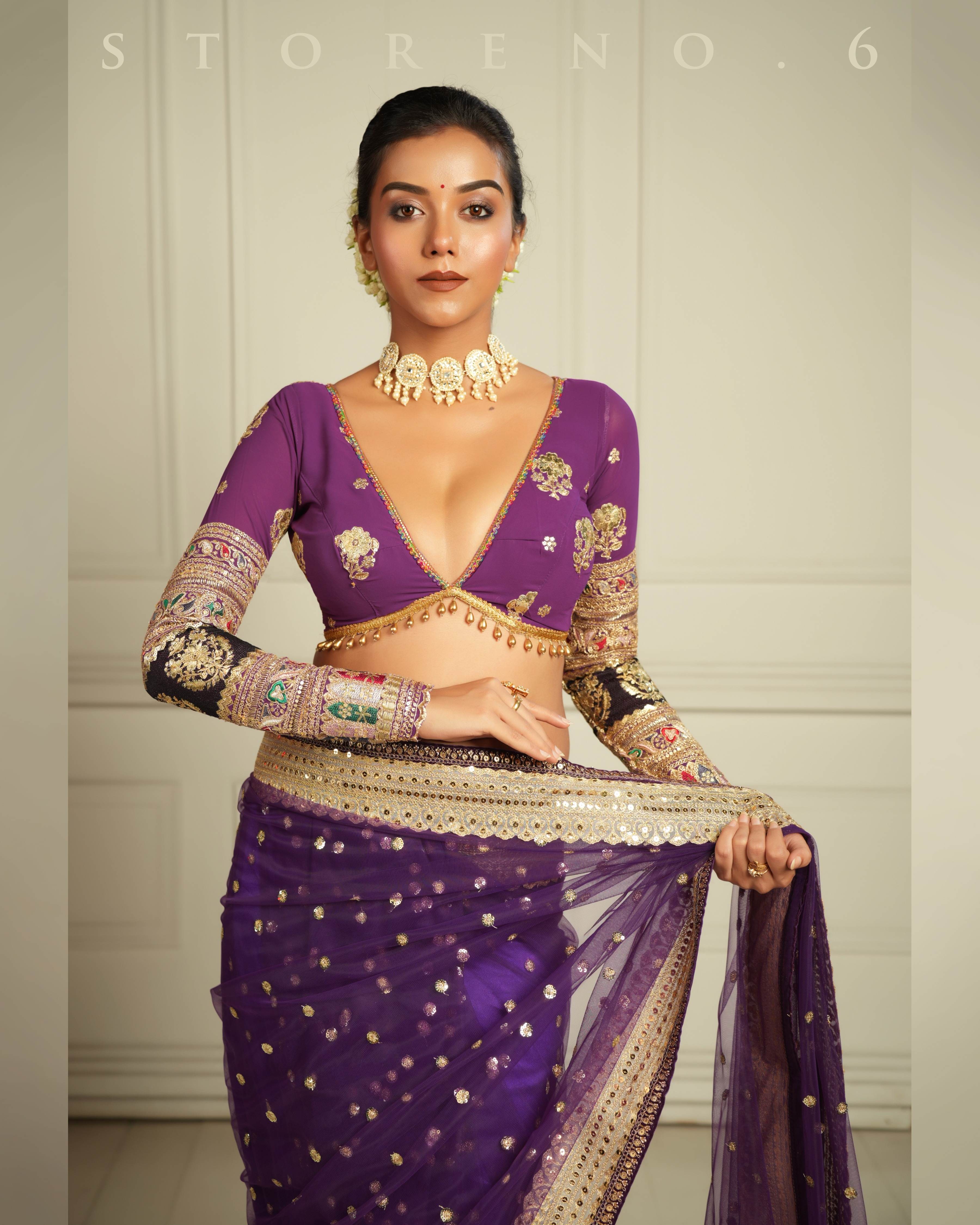 THE QUEEN'S PASSION PLUM SAREE WITH ORNATE ORCHID BLOUSE